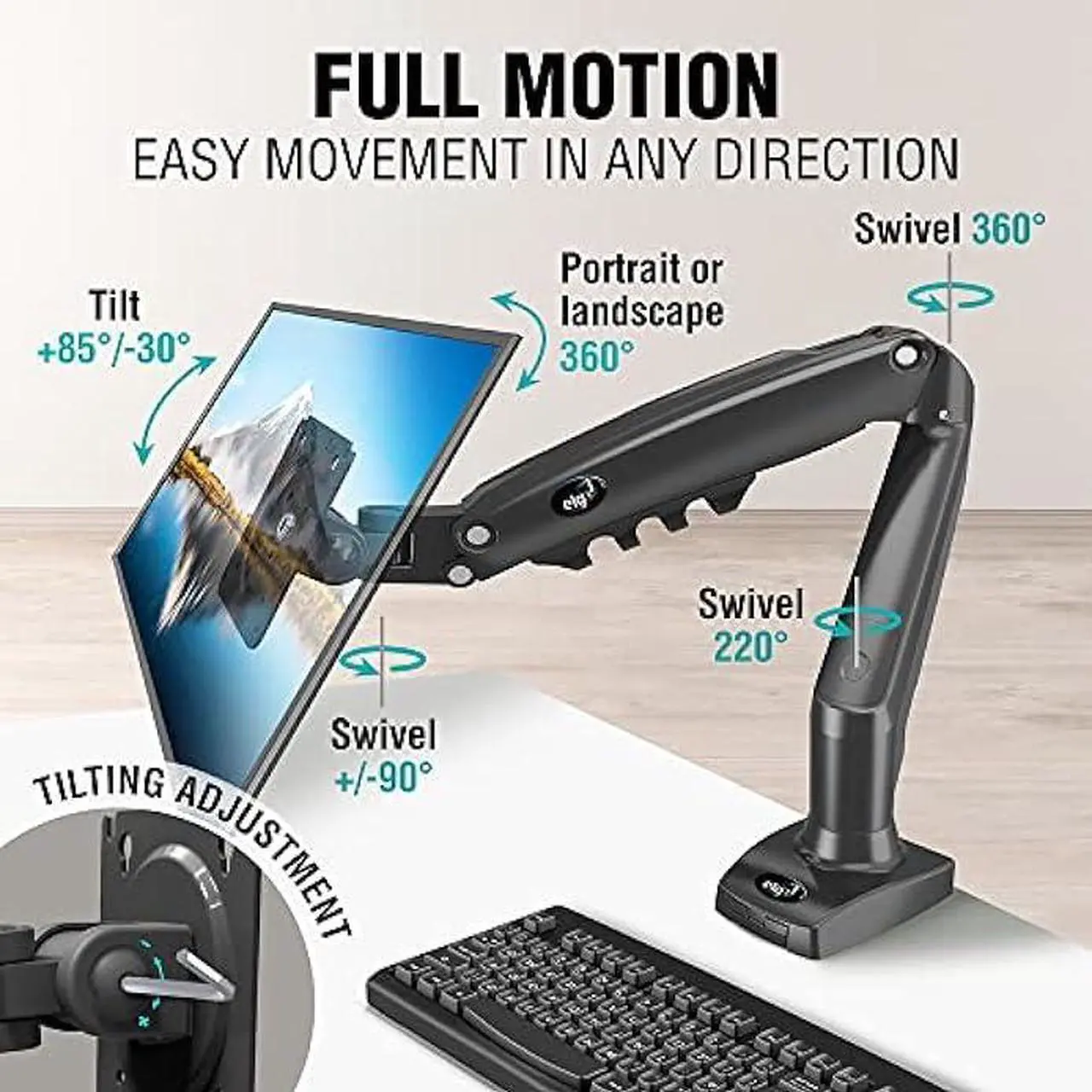 Alt view image 4 of 7 - ELG Full Motion Swivel Monitor Desk Mount Stand Gas Spring for 17 to 35'' Display (4.4lbs to 19.8lbs Load), Computer Monitor Stand F80N, Black