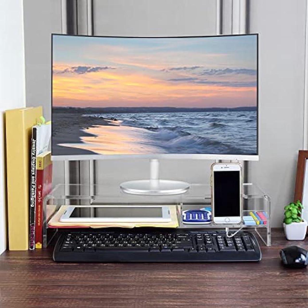 Alt view image 4 of 6 - Ikee Design Premium Acrylic Monitor Stand, Monitor Riser/Computer Stand for Home Office Business w/Sturdy Platform, PC Desk Stand for Keyboard Storage, 20 W x 7.5 D x 4.8 H, Clear