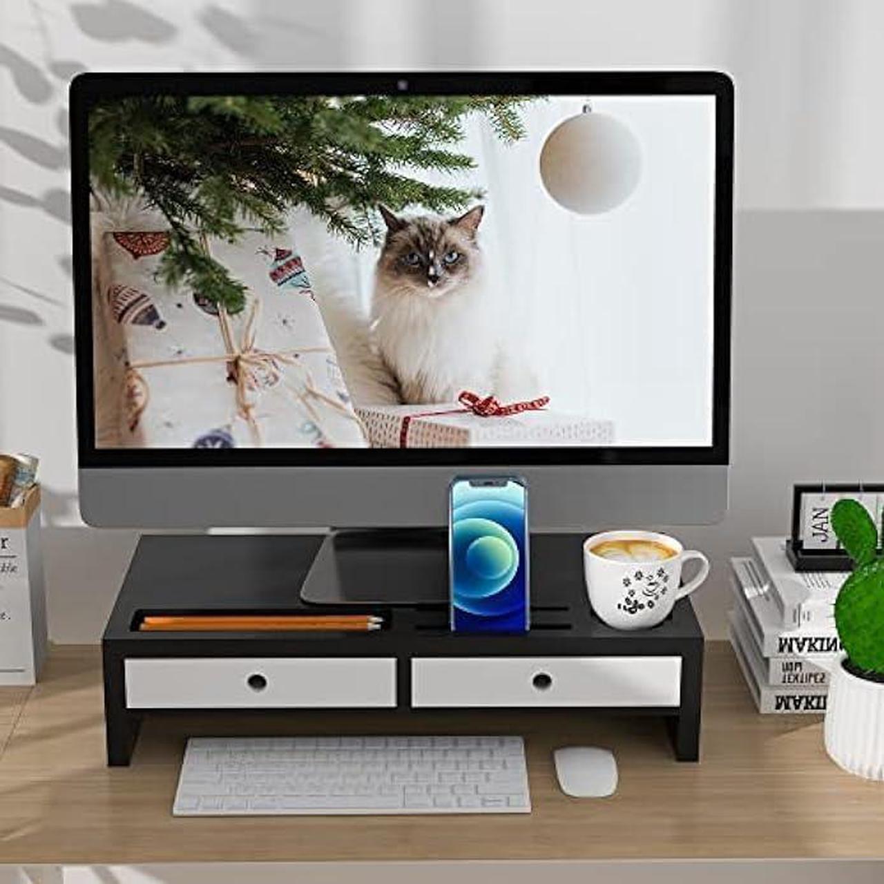 Main image of Monitor Stand Riser with Drawer - Black & White Laptop Stand, Bamboo Desktop Shelf Organizer for Computer, TV, Printer, Office Supplies & Accessories with Phone Holder & Cups Slot, No Assembly Needed