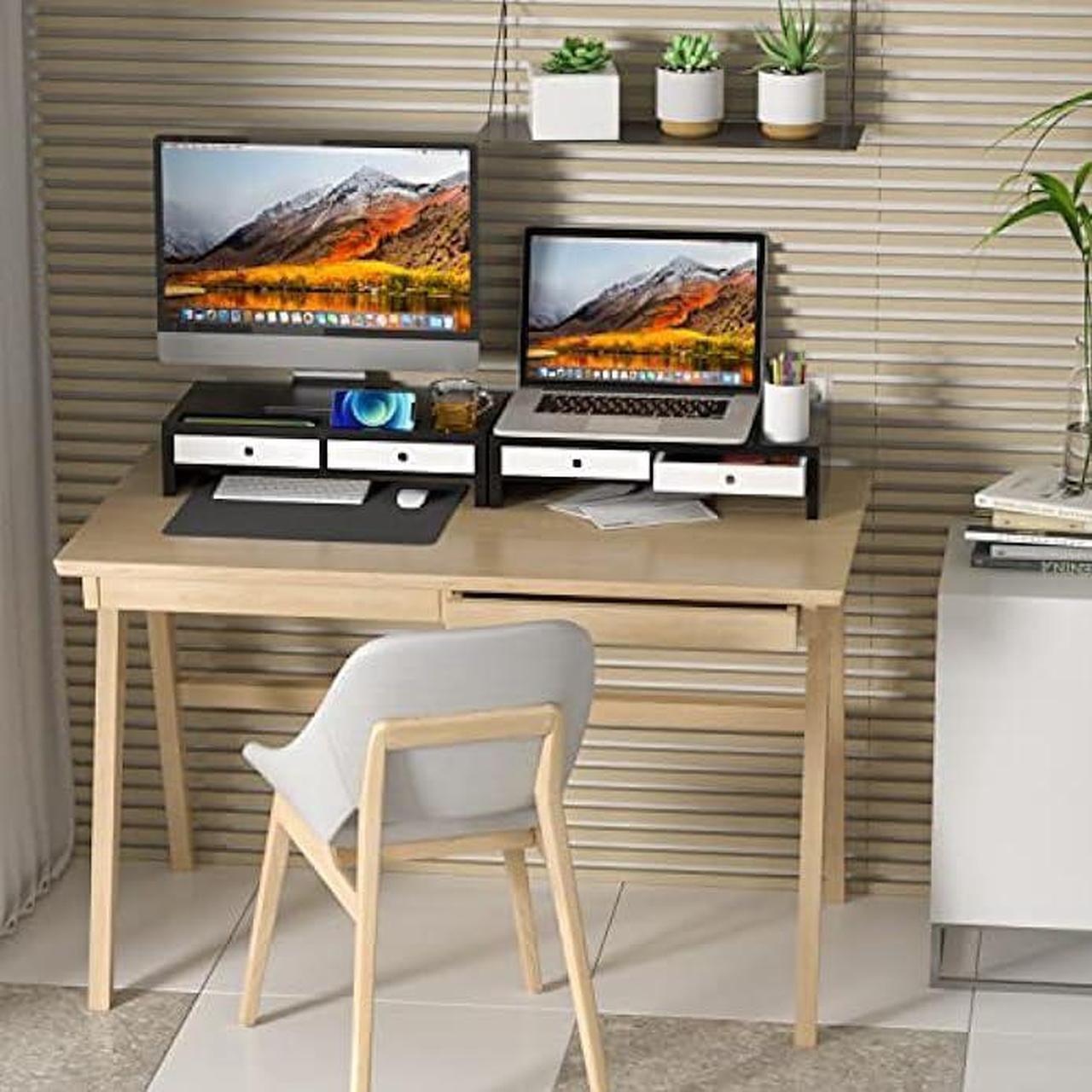 Alt view image 3 of 6 - Monitor Stand Riser with Drawer - Black & White Laptop Stand, Bamboo Desktop Shelf Organizer for Computer, TV, Printer, Office Supplies & Accessories with Phone Holder & Cups Slot, No Assembly Needed