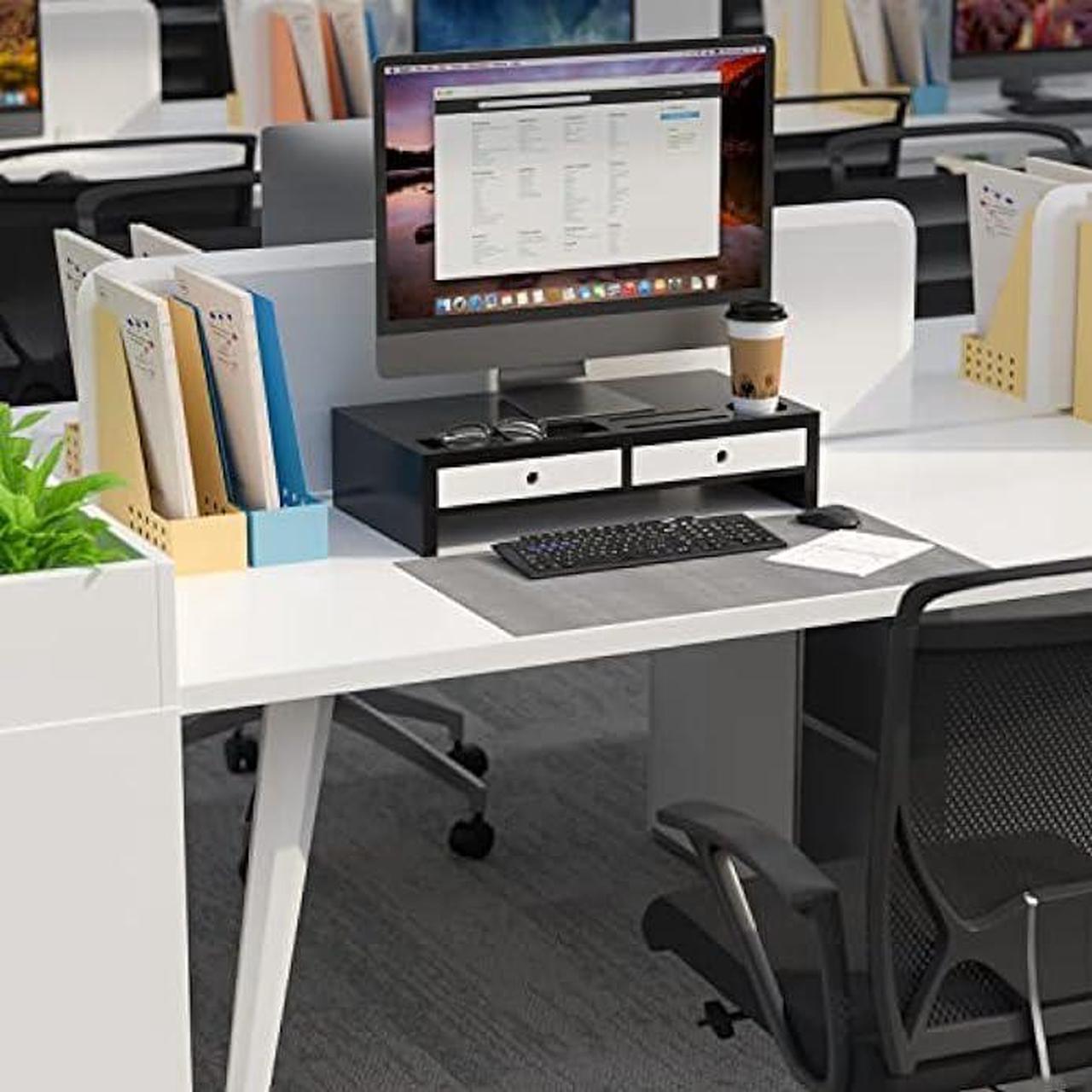 Alt view image 4 of 6 - Monitor Stand Riser with Drawer - Black & White Laptop Stand, Bamboo Desktop Shelf Organizer for Computer, TV, Printer, Office Supplies & Accessories with Phone Holder & Cups Slot, No Assembly Needed