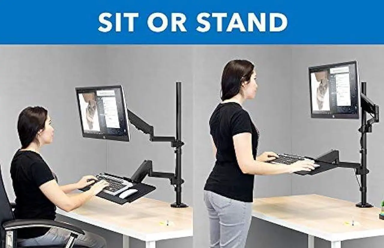 Alt view image 2 of 7 - Mount-It! Sit Stand Monitor Desk Mount [Fits 32 Screens] Height Adjustable, Full-Motion Articulating Arm with Keyboard Tray and Cable Management (Black)