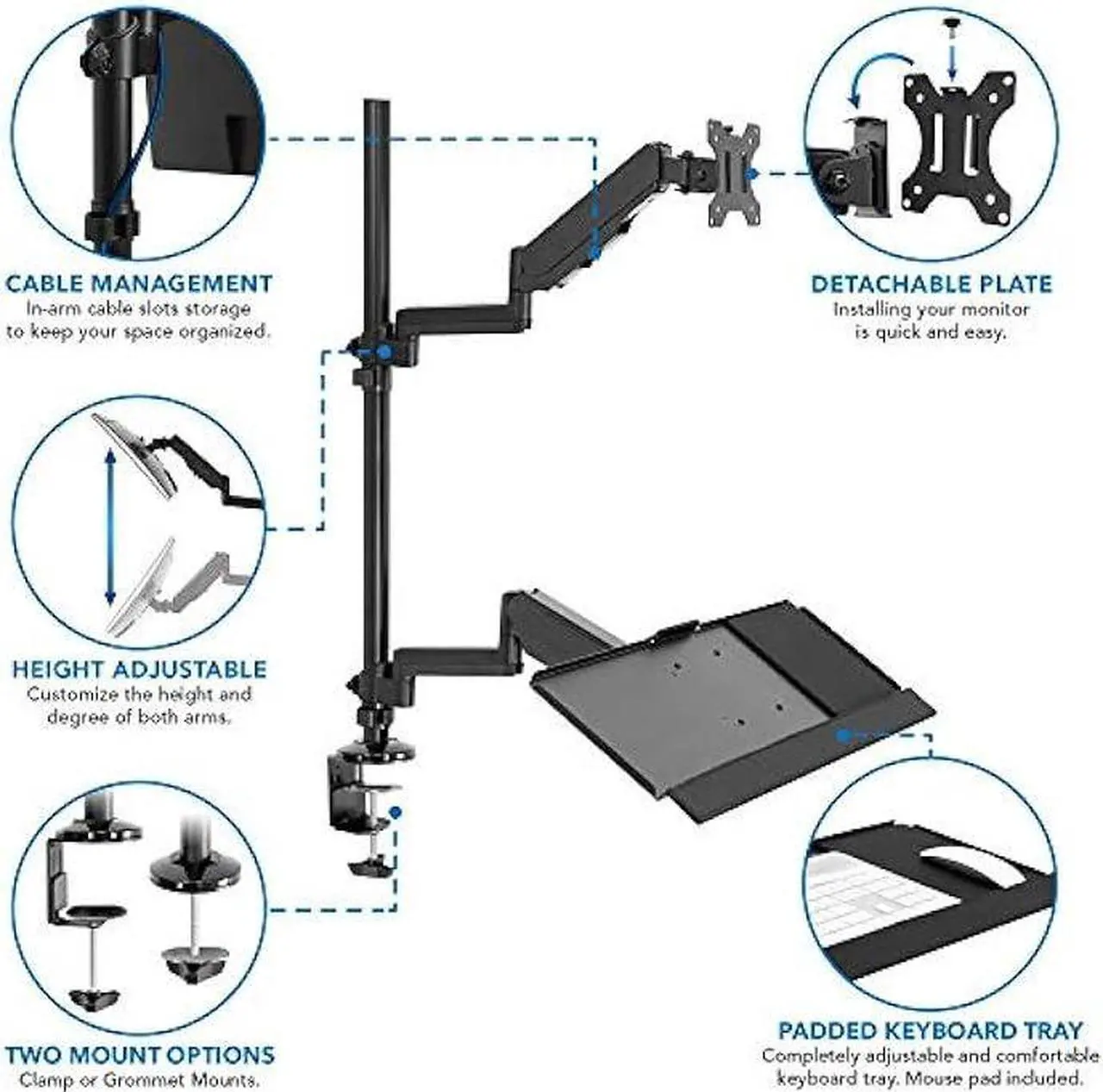 Alt view image 4 of 7 - Mount-It! Sit Stand Monitor Desk Mount [Fits 32 Screens] Height Adjustable, Full-Motion Articulating Arm with Keyboard Tray and Cable Management (Black)