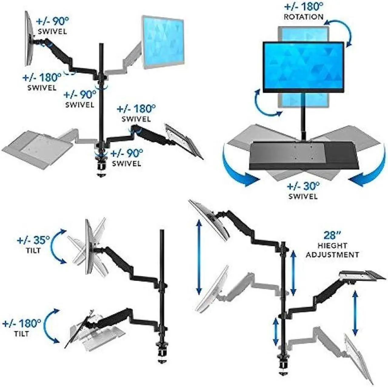 Alt view image 7 of 7 - Mount-It! Sit Stand Monitor Desk Mount [Fits 32 Screens] Height Adjustable, Full-Motion Articulating Arm with Keyboard Tray and Cable Management (Black)
