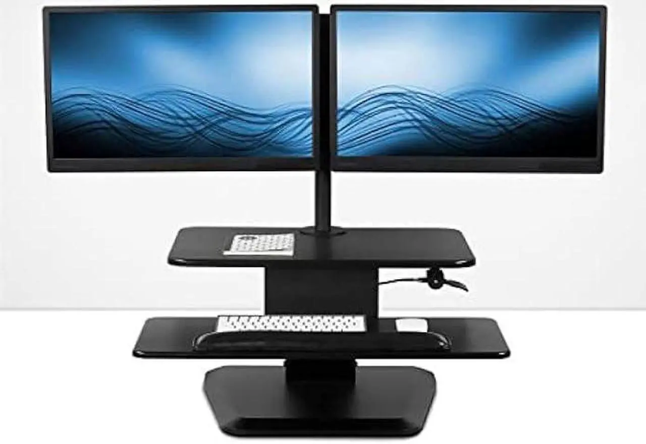 Alt view image 2 of 5 - Mount-It! Sit Stand Workstation Standing Desk Converter with Dual Monitor Mount Combo, Ergonomic Height Adjustable Tabletop Desk, Black