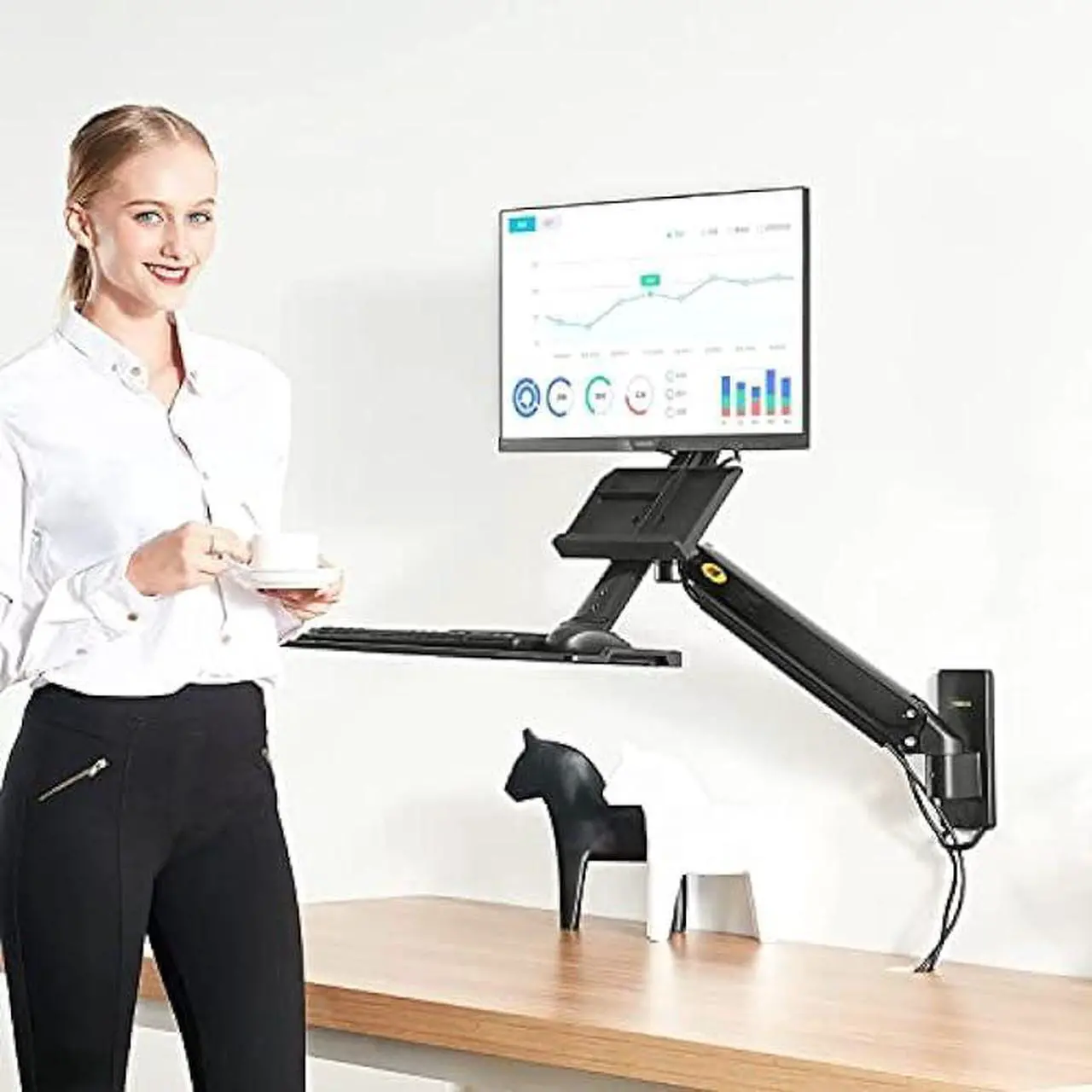 Alt view image 2 of 7 - Sit Stand Workstation Wall Mount Height Adjustable Sit-Stand Converter for 19''-27'' Screens with Keyboard Tray, VESA 75/100, Load Capacity from 4.4-19.8lbs MB32-B