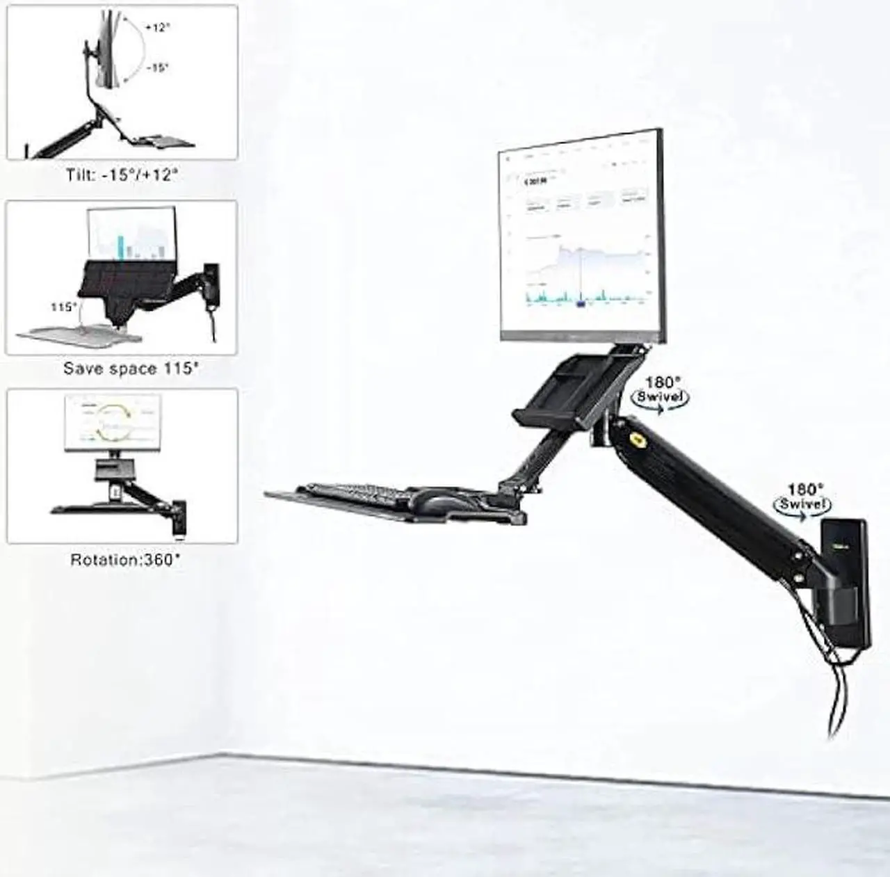 Alt view image 3 of 7 - Sit Stand Workstation Wall Mount Height Adjustable Sit-Stand Converter for 19''-27'' Screens with Keyboard Tray, VESA 75/100, Load Capacity from 4.4-19.8lbs MB32-B