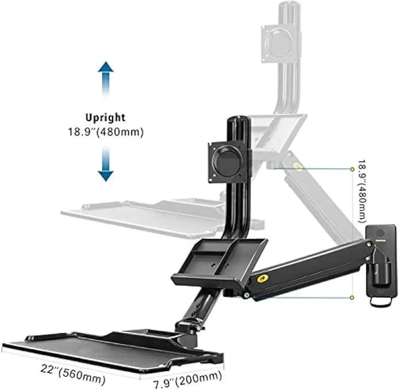 Alt view image 4 of 7 - Sit Stand Workstation Wall Mount Height Adjustable Sit-Stand Converter for 19''-27'' Screens with Keyboard Tray, VESA 75/100, Load Capacity from 4.4-19.8lbs MB32-B