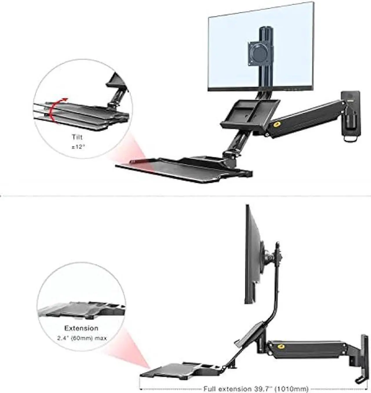 Alt view image 5 of 7 - Sit Stand Workstation Wall Mount Height Adjustable Sit-Stand Converter for 19''-27'' Screens with Keyboard Tray, VESA 75/100, Load Capacity from 4.4-19.8lbs MB32-B