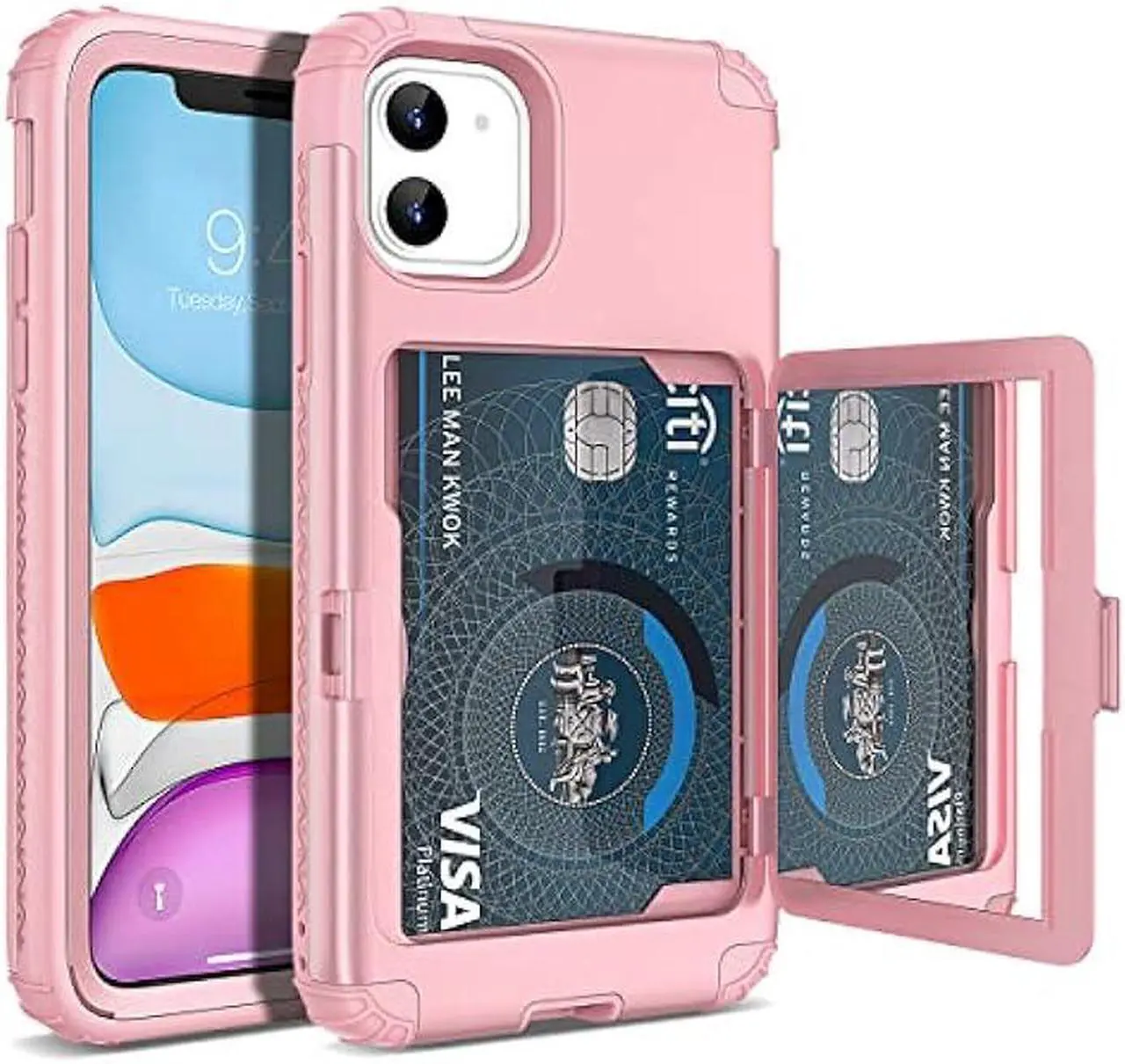 Main image of WeLoveCase iPhone 11 Wallet Case for Women, Men Defender Credit Card Holder Cover with Hidden Mirror Three Layer Shockproof Heavy Duty Protection All-Round Armor Protective Case for iPhone 11 Pink