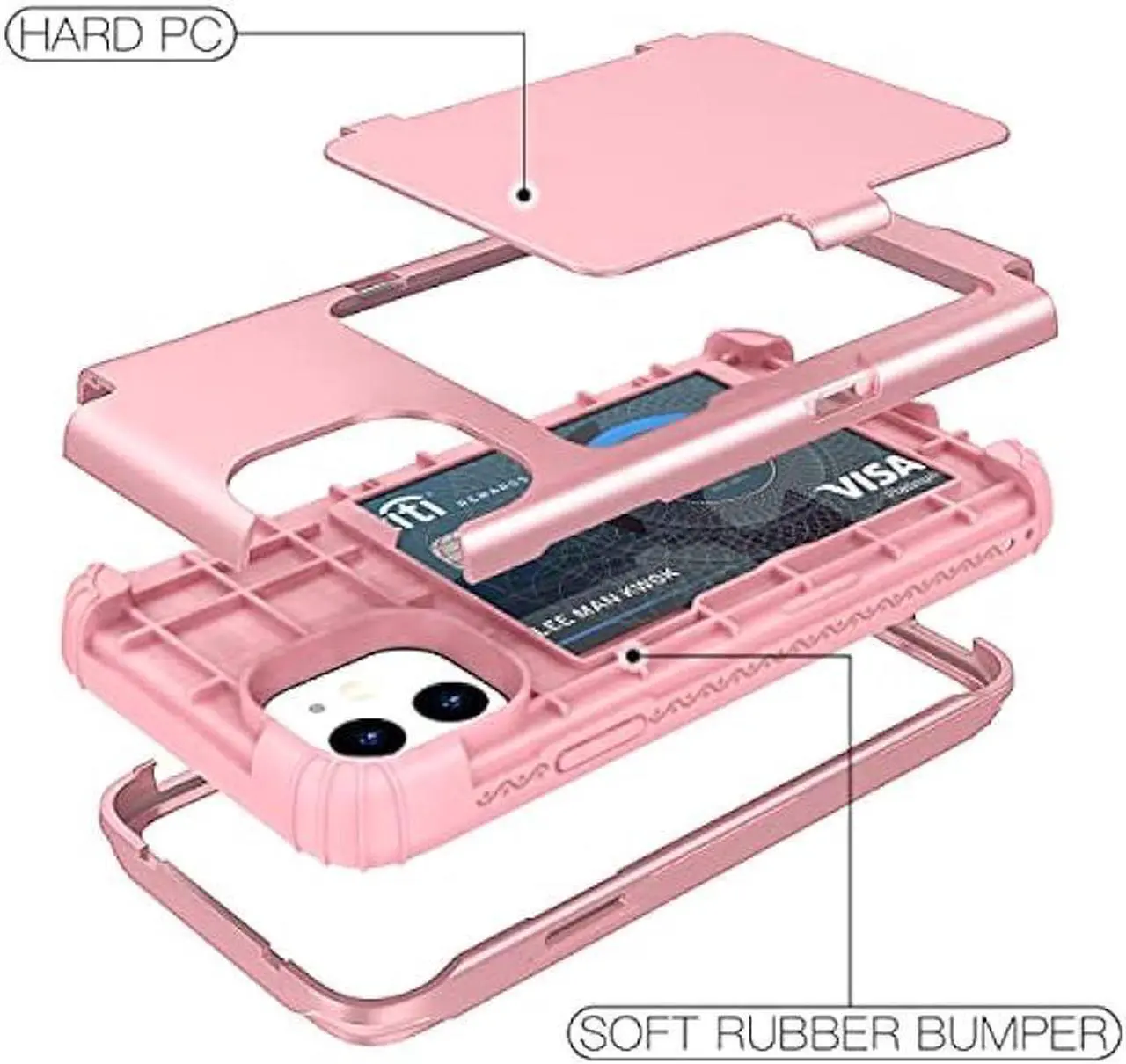 Alt view image 3 of 7 - WeLoveCase iPhone 11 Wallet Case for Women, Men Defender Credit Card Holder Cover with Hidden Mirror Three Layer Shockproof Heavy Duty Protection All-Round Armor Protective Case for iPhone 11 Pink