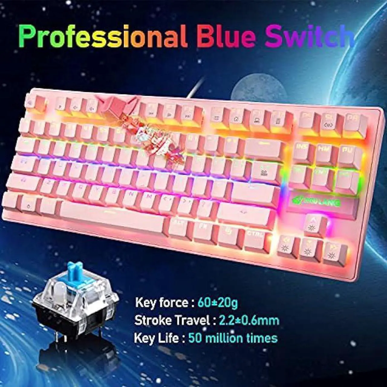 Alt view image 3 of 7 - FELICON Mechanical Gaming Keyboard 87 Keys Compact Tenkeyless Rainbow LED Backlit Illuminate Wired Computer Keyboard with Blue Switches and Mouse Pad for Windows PC Gamers