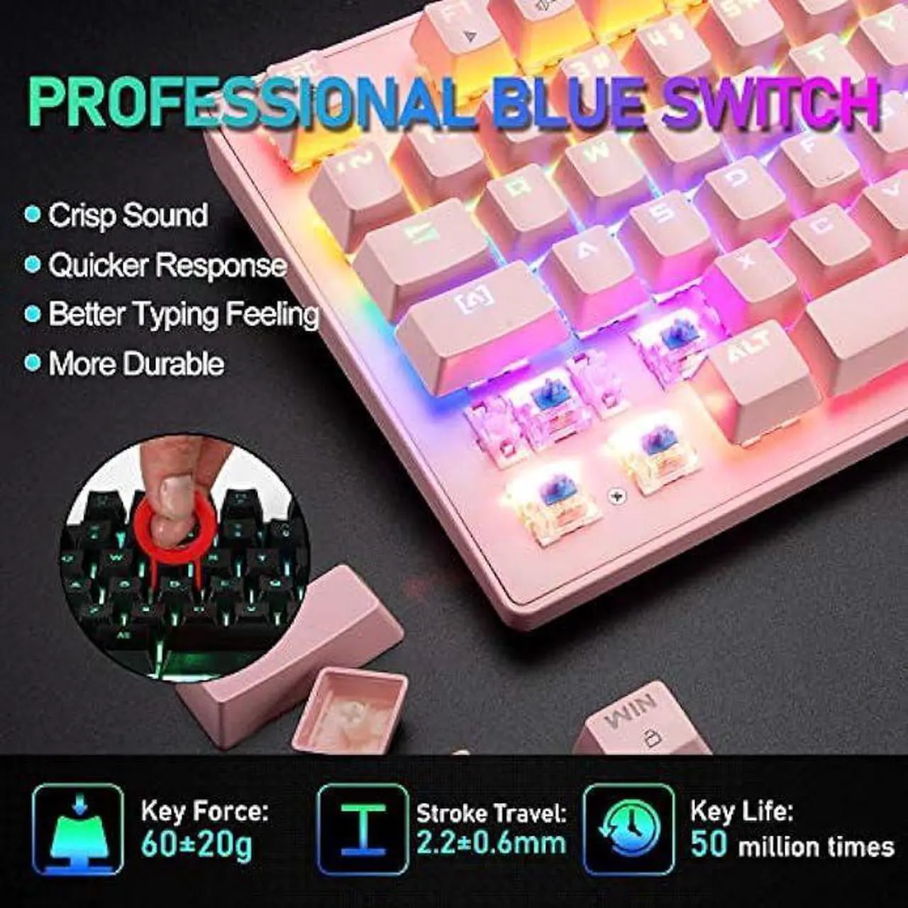Alt view image 5 of 7 - FELICON Mechanical Gaming Keyboard 87 Keys Compact Tenkeyless Rainbow LED Backlit Illuminate Wired Computer Keyboard with Blue Switches and Mouse Pad for Windows PC Gamers