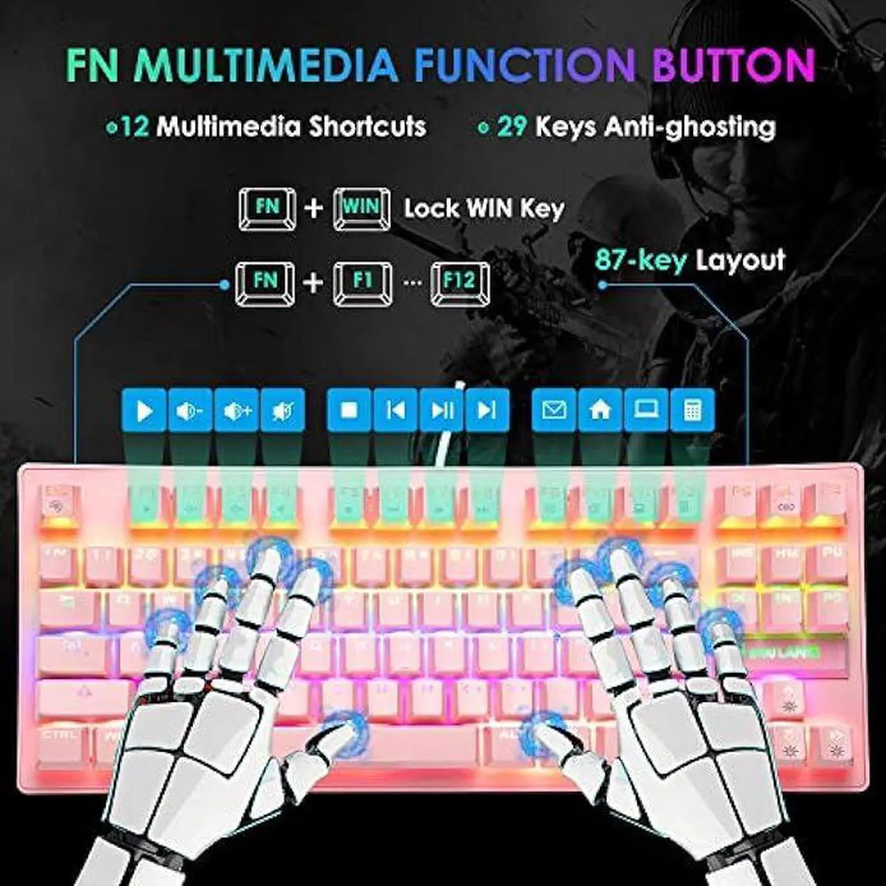 Alt view image 6 of 7 - FELICON Mechanical Gaming Keyboard 87 Keys Compact Tenkeyless Rainbow LED Backlit Illuminate Wired Computer Keyboard with Blue Switches and Mouse Pad for Windows PC Gamers