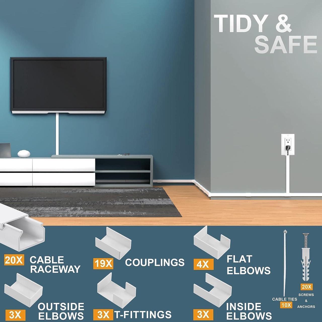 Alt view image 3 of 7 - Cord Hider, Wire Cover, Cord Covers Wall Mounted TV, Cable Hider, 315 in Paintable White Raceway Kit, Electrical Cords Concealer, Cable Management, Hide Cords Wall, Wire Molding, Adhesive Channel