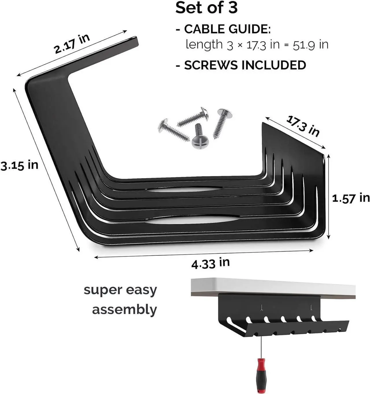Alt view image 3 of 7 - PAMO Cable Management Under Desk for Easy mounting Under-Table I Set of 3 - with 10X Cable Ties I Desk Organizer for Office/Home Office Table Thoughtful Cable Tray Holder, Black