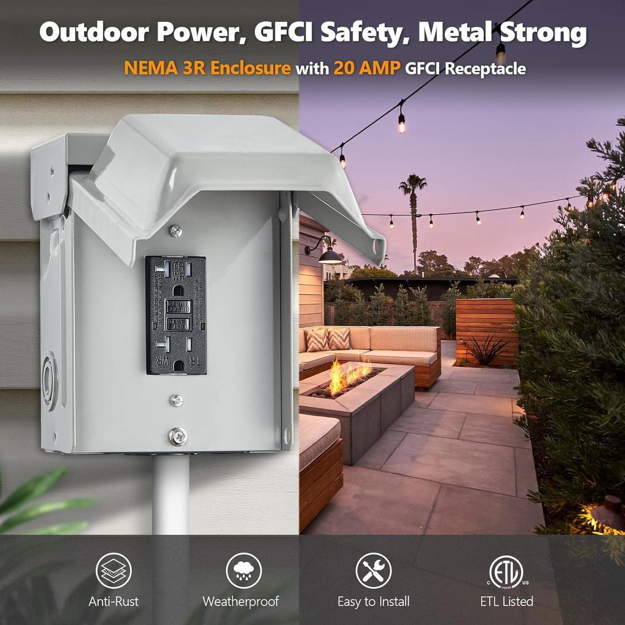 Alt view image 2 of 7 - SURAIELEC Outdoor Outlet Box, 20 AMP WRTR GFCI Receptacle, Rainproof 3R Enclosure, Weatherproof All Metal Electrical Outlet Cover, Power Plug for Outdoor Decorations, Patio Lights, ETL Listed