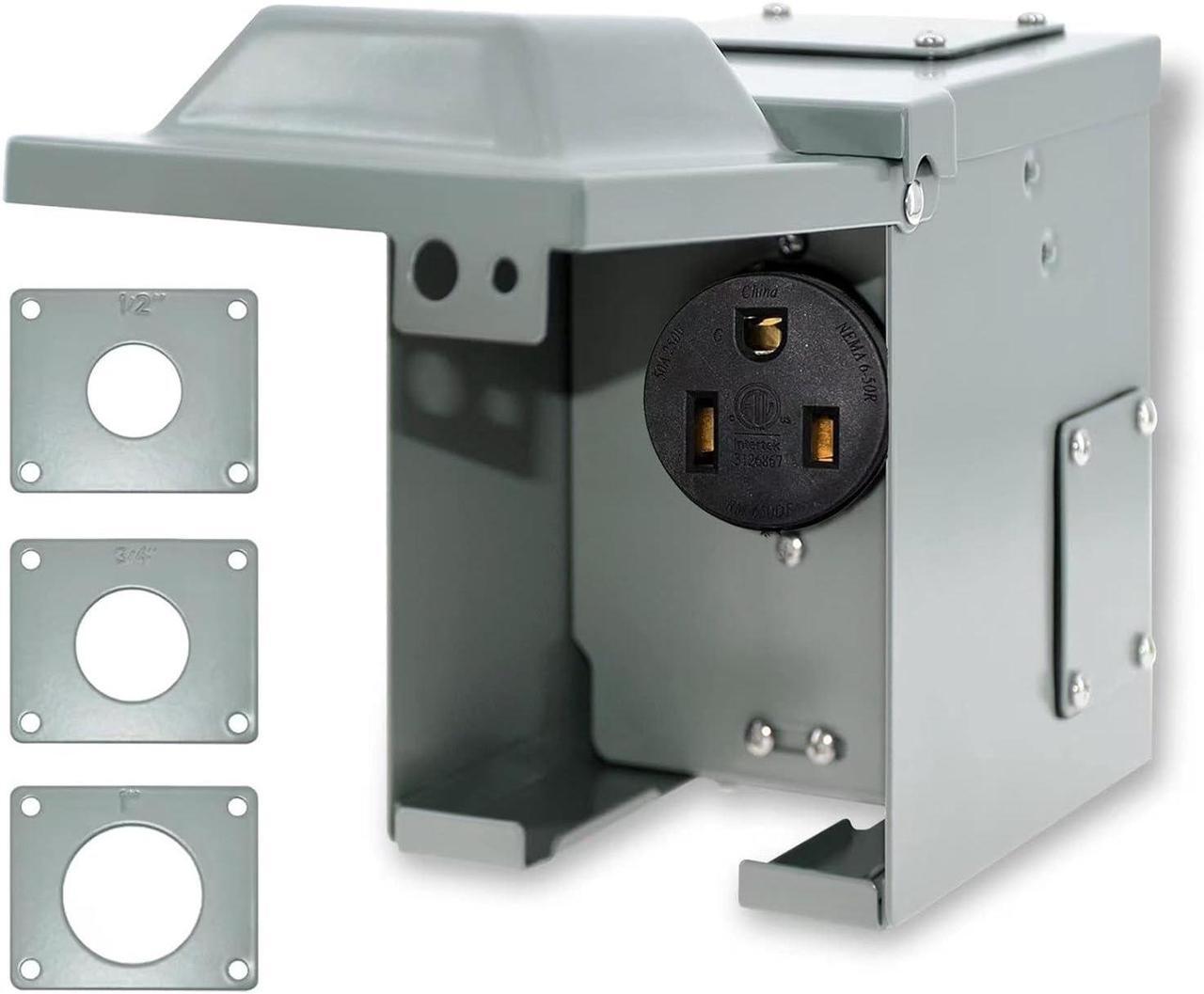 Main image of 50 Amp 6-50R Outlet Box 250 Volt, Enclosed Lockable Weatherproof Outdoor Electrical NEMA 6-50R Receptacle Panel Heavy Duty Box Pre-Drilled, For Welder EV RV Electric Car Generator, ETL Listed