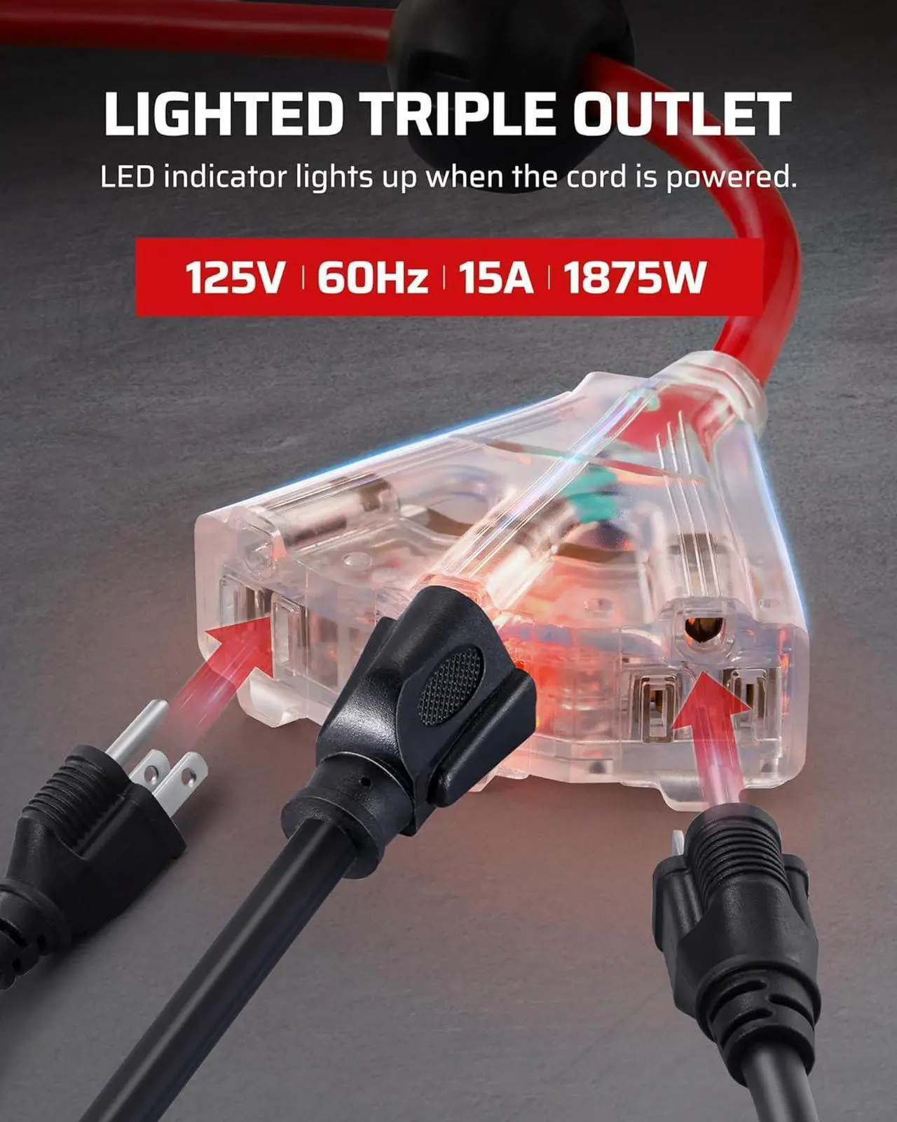 Alt view image 3 of 7 - DEWENWILS Retractable Extension Cord Reel, 40 FT Heavy Duty Power Cord, 12/3C SJTOW Retractable Cord Reel, Lighted Triple Tap Outlets, 15A Circuit Breaker, Wall/Ceiling Mount, UL Listed, Red