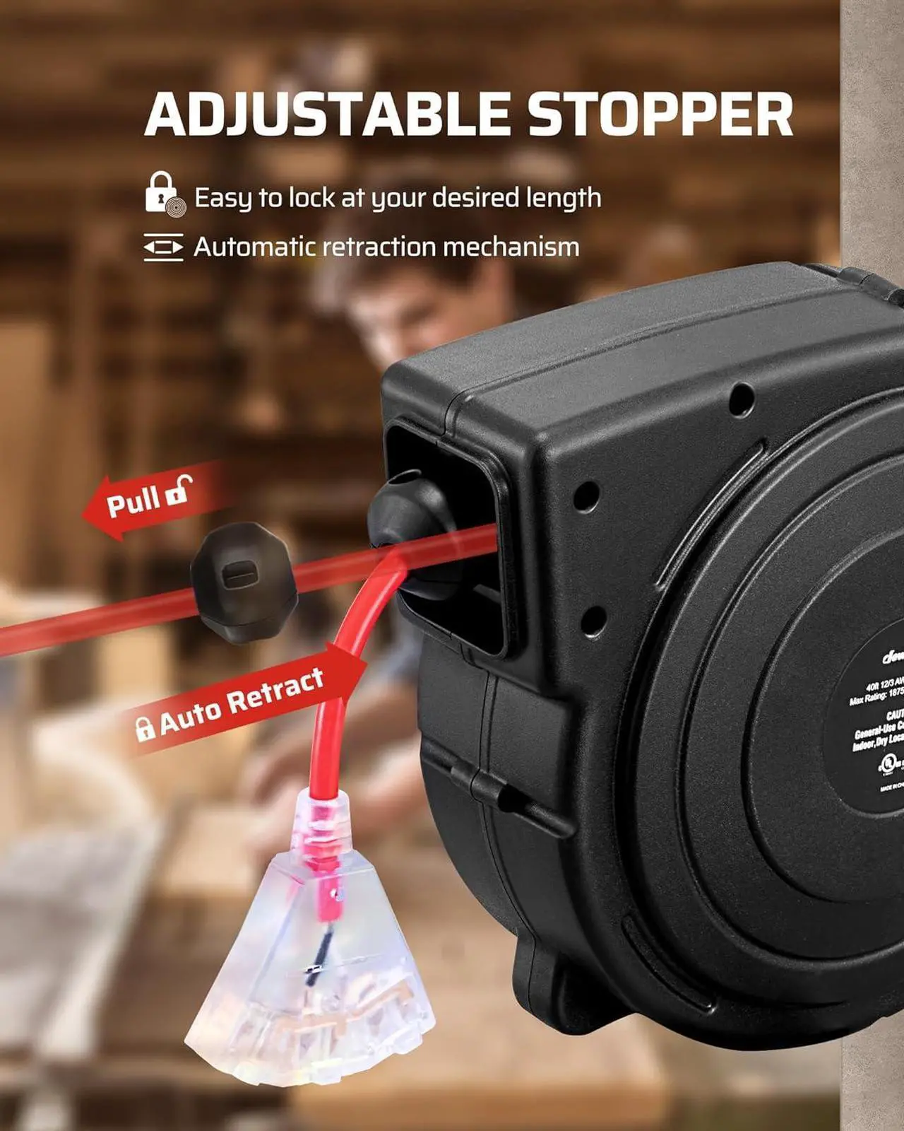Alt view image 5 of 7 - DEWENWILS Retractable Extension Cord Reel, 40 FT Heavy Duty Power Cord, 12/3C SJTOW Retractable Cord Reel, Lighted Triple Tap Outlets, 15A Circuit Breaker, Wall/Ceiling Mount, UL Listed, Red