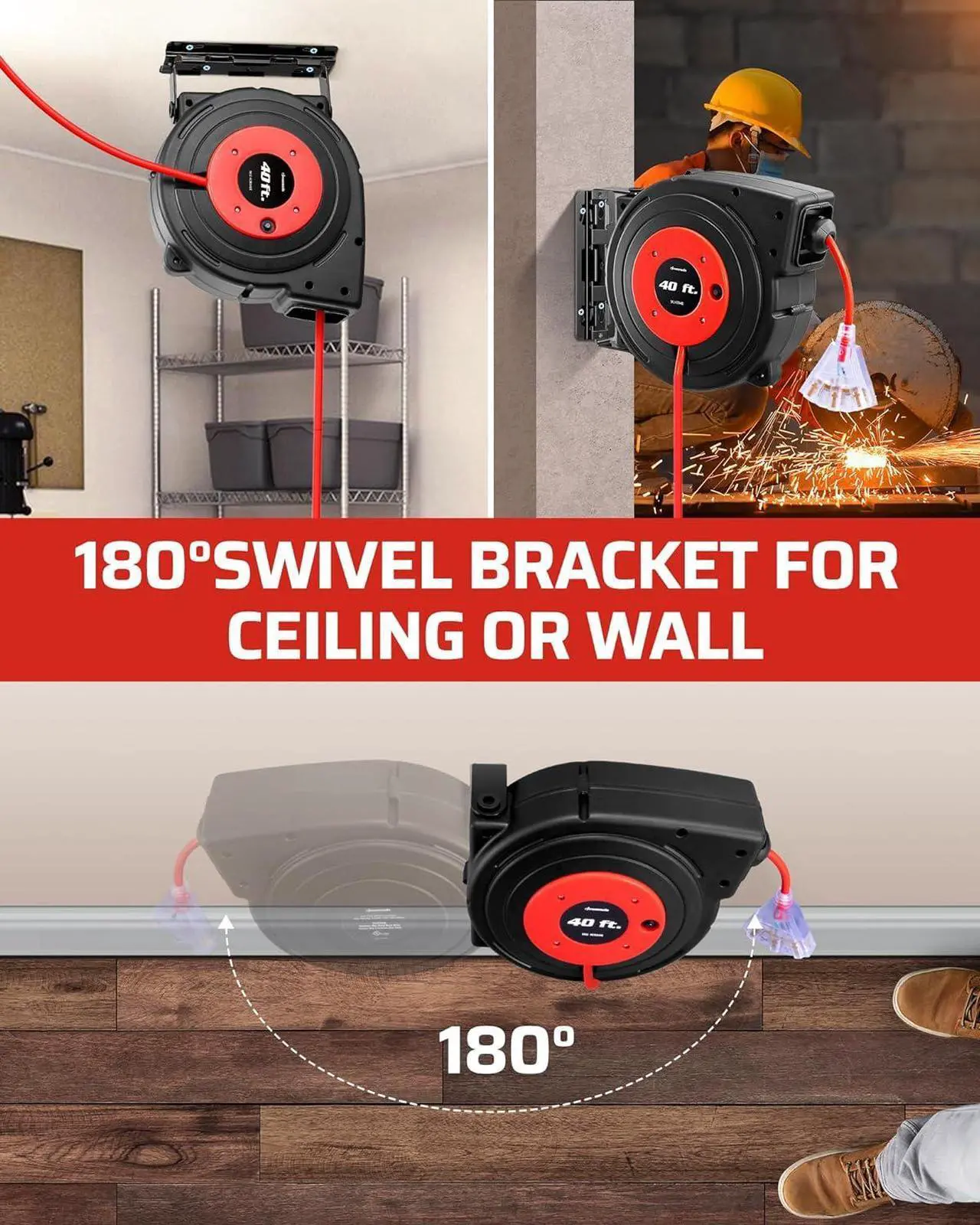 Alt view image 7 of 7 - DEWENWILS Retractable Extension Cord Reel, 40 FT Heavy Duty Power Cord, 12/3C SJTOW Retractable Cord Reel, Lighted Triple Tap Outlets, 15A Circuit Breaker, Wall/Ceiling Mount, UL Listed, Red