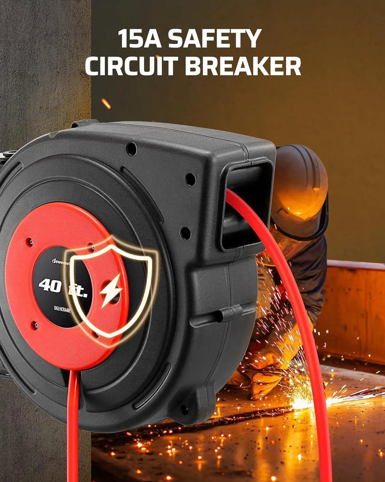 Alt view image 6 of 7 - DEWENWILS Retractable Extension Cord Reel, 40 FT Heavy Duty Power Cord, 12/3C SJTOW Retractable Cord Reel, Lighted Triple Tap Outlets, 15A Circuit Breaker, Wall/Ceiling Mount, UL Listed, Red