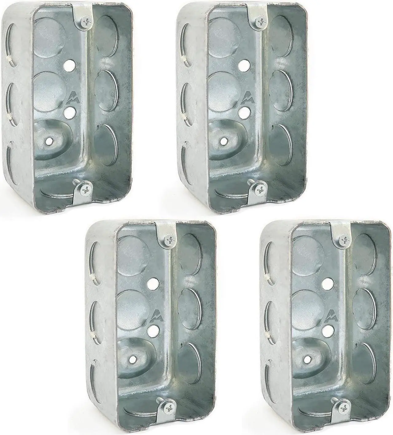 Main image of (Pack of 4) 4x2 Inch Utility Size Single Gang Electrical Box, Handy Box, Ten 1/2 Inch Knockouts, Raised Ground, 13 Cu. in. Capacity, 1-7/8" Deep, Galvanized Steel, Drawn Construction, Outlet Box,