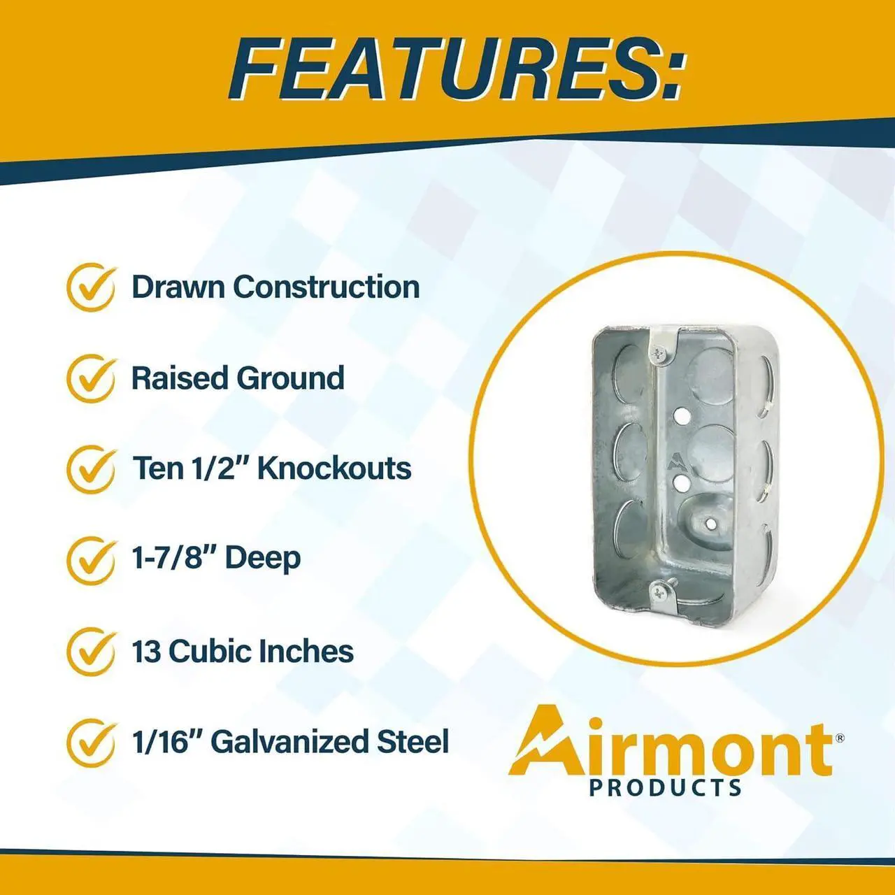 Alt view image 3 of 5 - (Pack of 4) 4x2 Inch Utility Size Single Gang Electrical Box, Handy Box, Ten 1/2 Inch Knockouts, Raised Ground, 13 Cu. in. Capacity, 1-7/8" Deep, Galvanized Steel, Drawn Construction, Outlet Box,