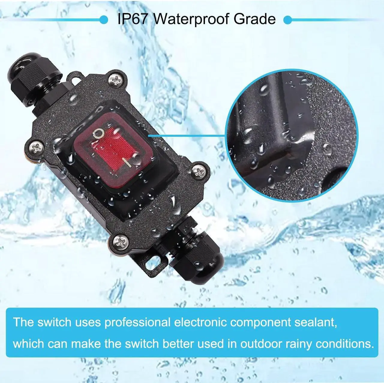 Alt view image 2 of 6 - IP67 Waterproof Inline Cord Switch 16A/250V 20A/125V AC DPST 4Pin 2 Position On Off Outdoor Toggle Switch with Red Light Rocker Button,Two-Side Entry & Exit Line