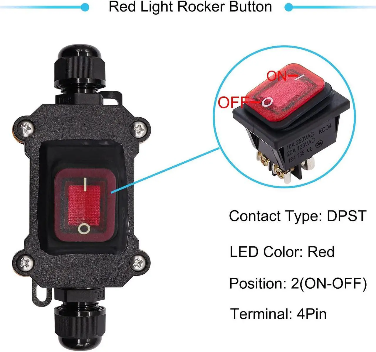 Alt view image 3 of 6 - IP67 Waterproof Inline Cord Switch 16A/250V 20A/125V AC DPST 4Pin 2 Position On Off Outdoor Toggle Switch with Red Light Rocker Button,Two-Side Entry & Exit Line