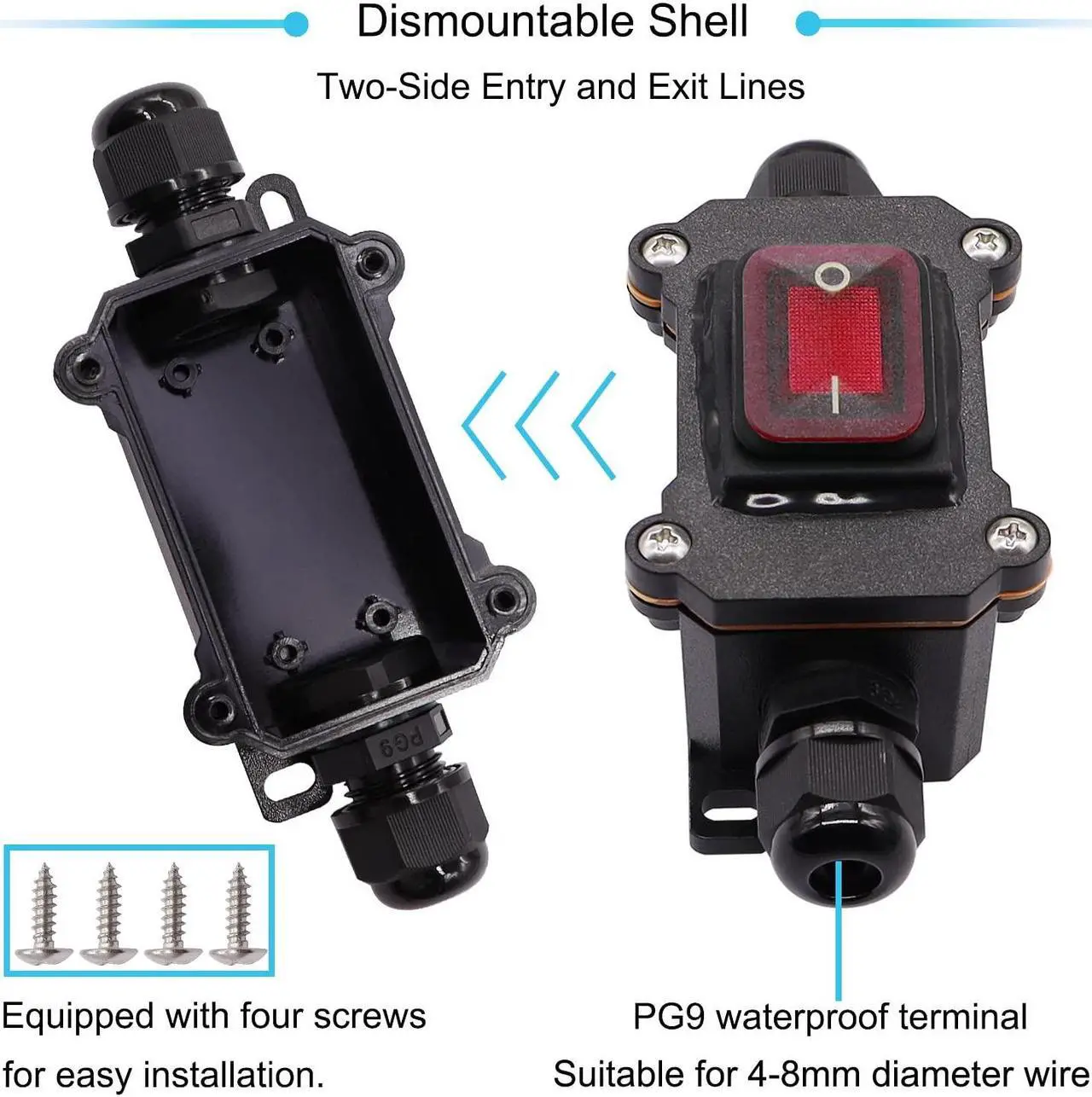 Alt view image 5 of 6 - IP67 Waterproof Inline Cord Switch 16A/250V 20A/125V AC DPST 4Pin 2 Position On Off Outdoor Toggle Switch with Red Light Rocker Button,Two-Side Entry & Exit Line