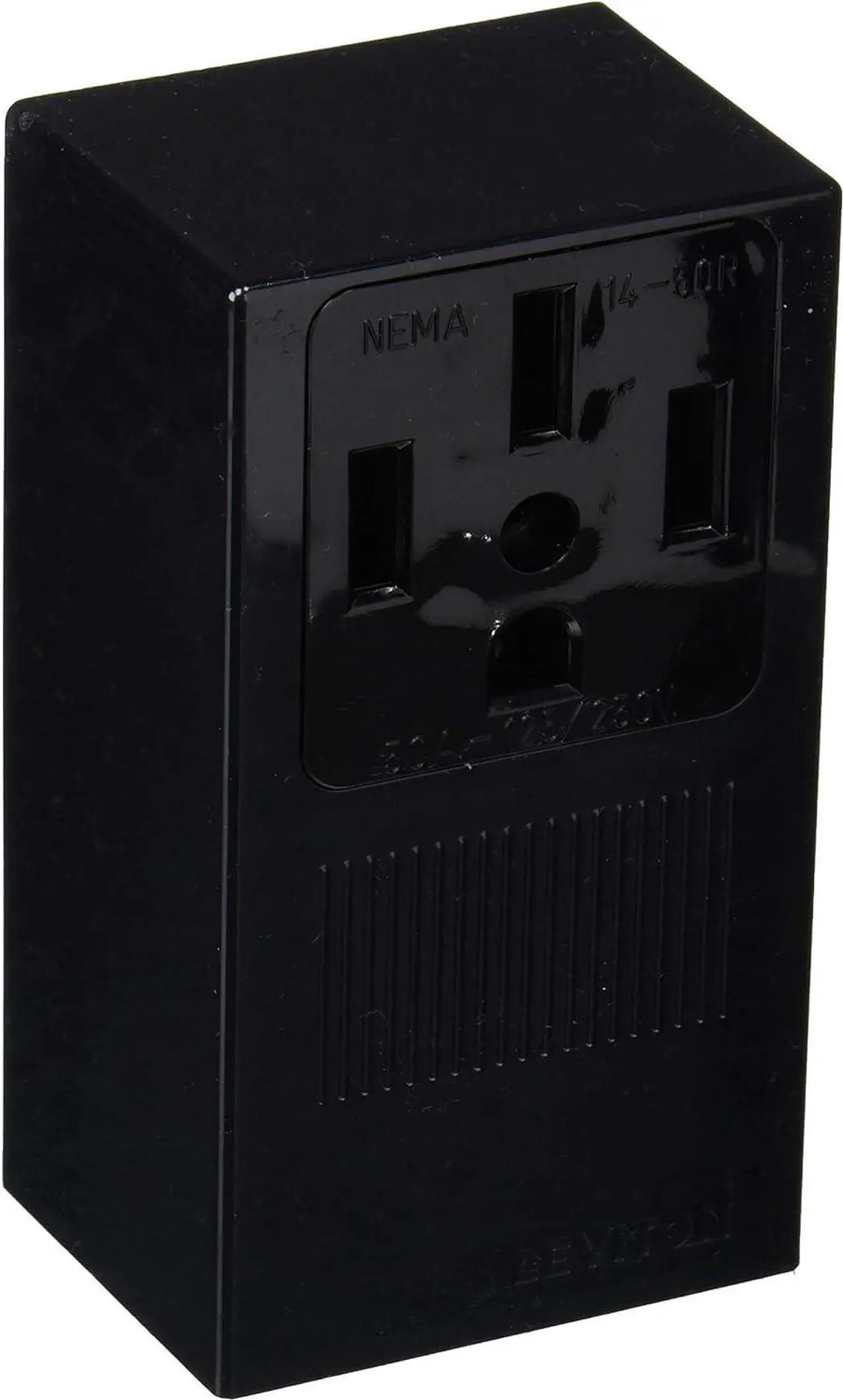 Main image of Leviton 55050 50 Amp, 125/250 Volt, NEMA 14-50R, 3P, 4W, Surface Mounting Receptacle, Straight Blade, Industrial Grade, Grounding, Side Wired, Steel Strap, 1 Pack, Black