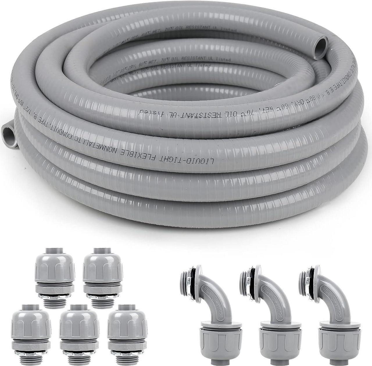 Main image of Elecoman 3/4inch 50ft Liquid-Tight Conduit and Connector Kit,Flexible Non Metallic Liquid Tight Electrical Conduit Kit with 5 Straight and 3 90-Degree Conduit Connector Fittings,3/4 in. Dia