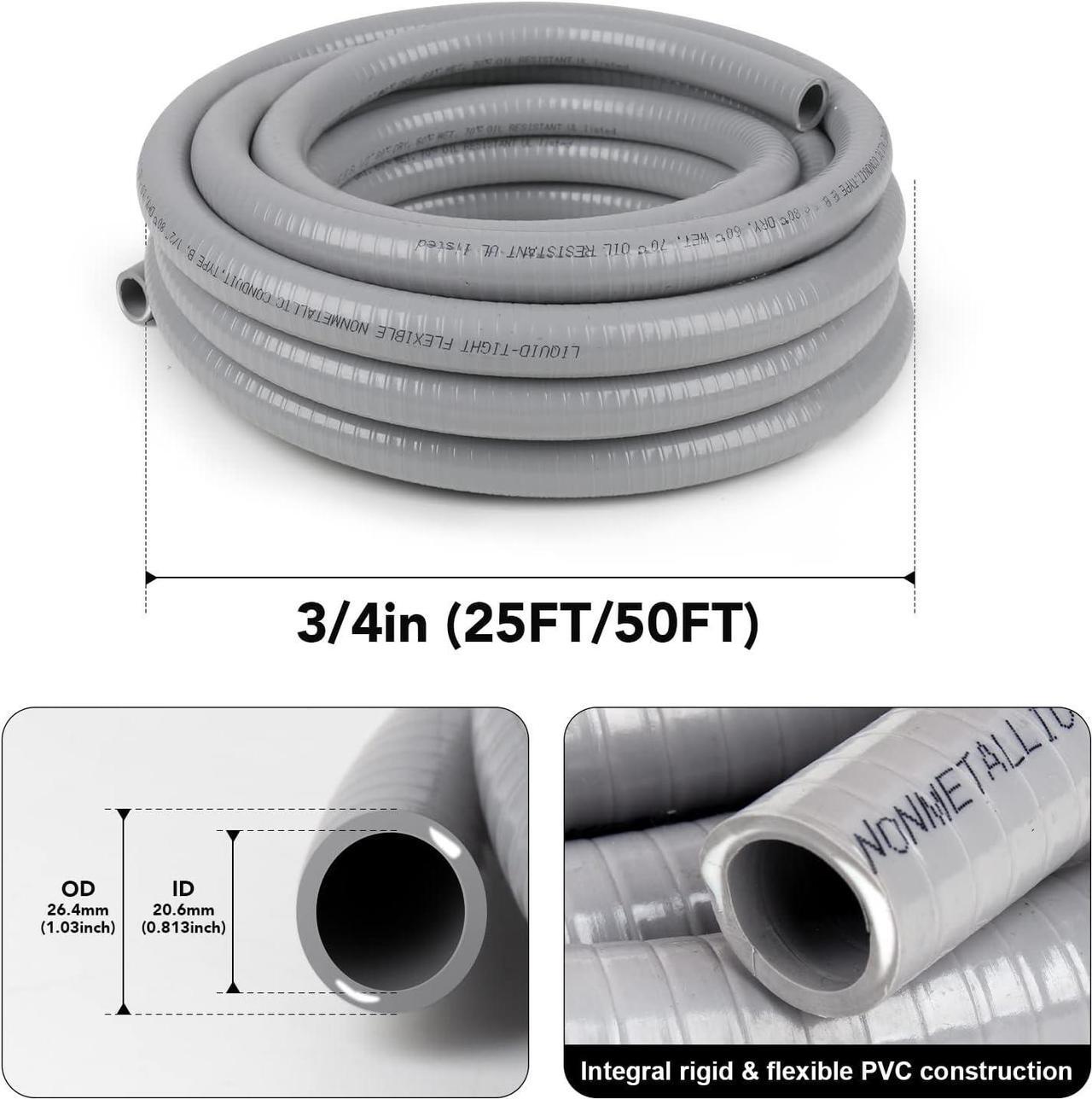 Alt view image 2 of 7 - Elecoman 3/4inch 50ft Liquid-Tight Conduit and Connector Kit,Flexible Non Metallic Liquid Tight Electrical Conduit Kit with 5 Straight and 3 90-Degree Conduit Connector Fittings,3/4 in. Dia