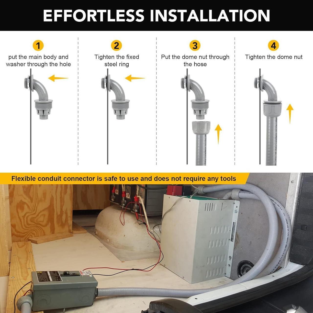 Alt view image 5 of 7 - Elecoman 3/4inch 50ft Liquid-Tight Conduit and Connector Kit,Flexible Non Metallic Liquid Tight Electrical Conduit Kit with 5 Straight and 3 90-Degree Conduit Connector Fittings,3/4 in. Dia