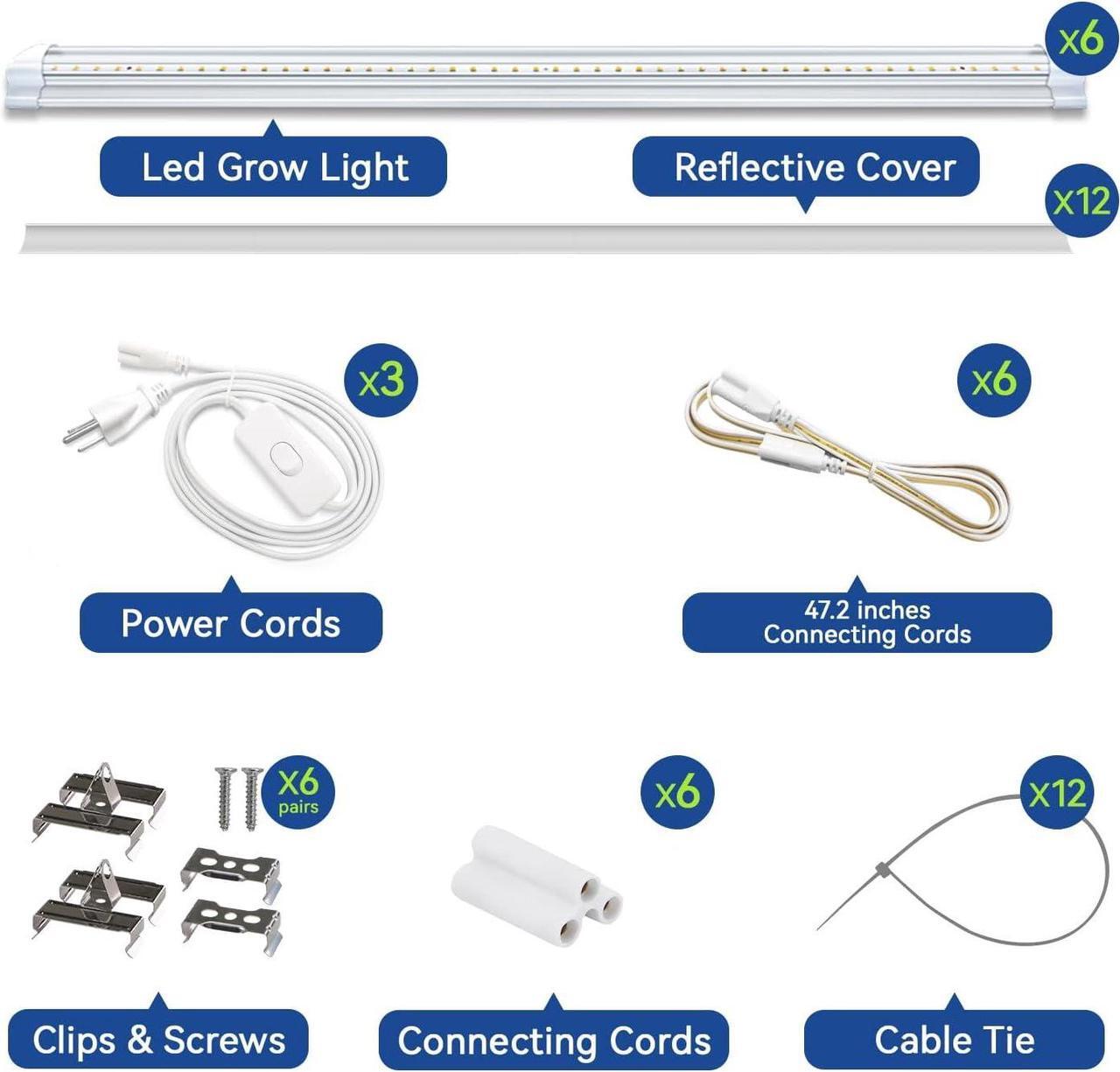 Alt view image 6 of 6 - Monios-L Led Grow Lights for Indoor Plants Full Spectrum,T8 4FT 252W(6x42W) High Output Growing Strips for Seedlings,Sunlight Replacement with Reflectors, 6-Pack