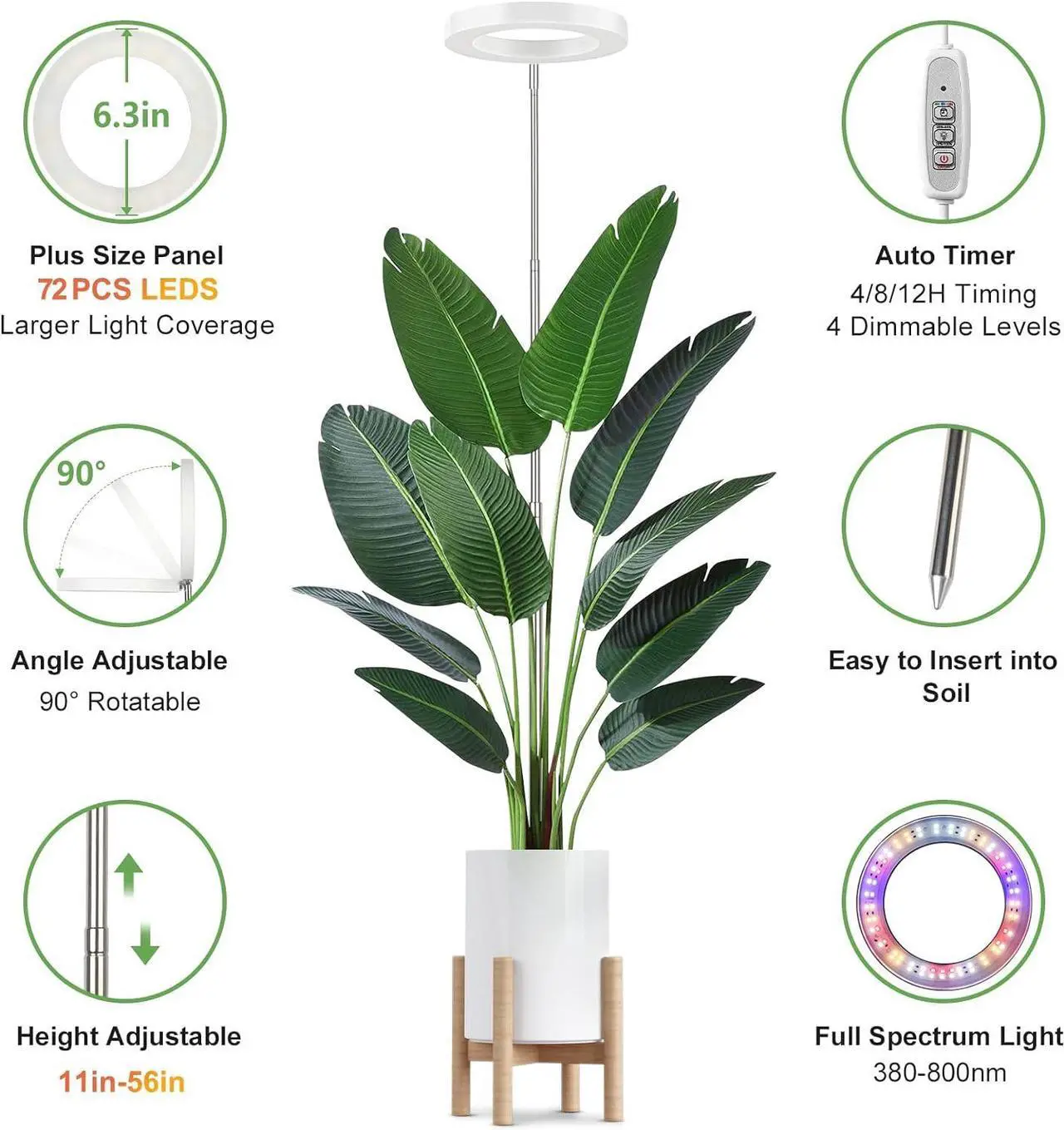 Alt view image 4 of 7 - LBW Plant Grow Light, 72 LEDs Full Spectrum Grow Lights for Indoor Plants, 56in Large Grow Lamp with 4/8/12H Auto Timer & 4 Dimmable Brightness, Height Adjustable, Ideal for Tall Plants