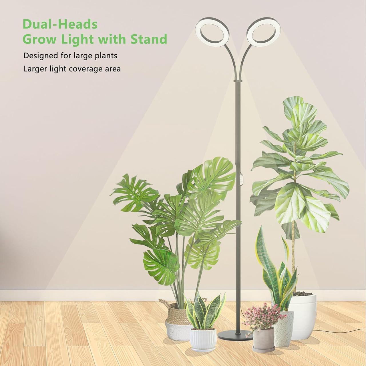 Alt view image 2 of 7 - Grow Light for Indoor Plants, 2 Head Full Spectrum LED Halo Plant Lights with Stand, Floor Standing Growing Lamp with Adjustable Height,Auto Timer,Dimmable Brightness for Tall Large Plants