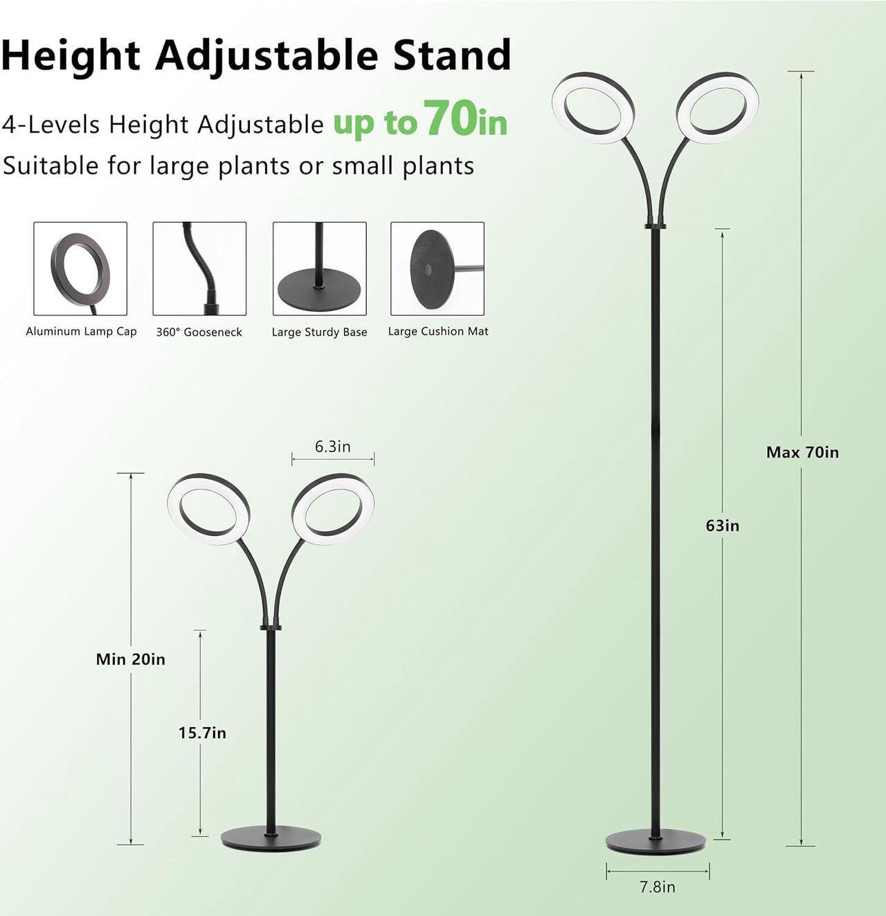 Alt view image 5 of 7 - Grow Light for Indoor Plants, 2 Head Full Spectrum LED Halo Plant Lights with Stand, Floor Standing Growing Lamp with Adjustable Height,Auto Timer,Dimmable Brightness for Tall Large Plants