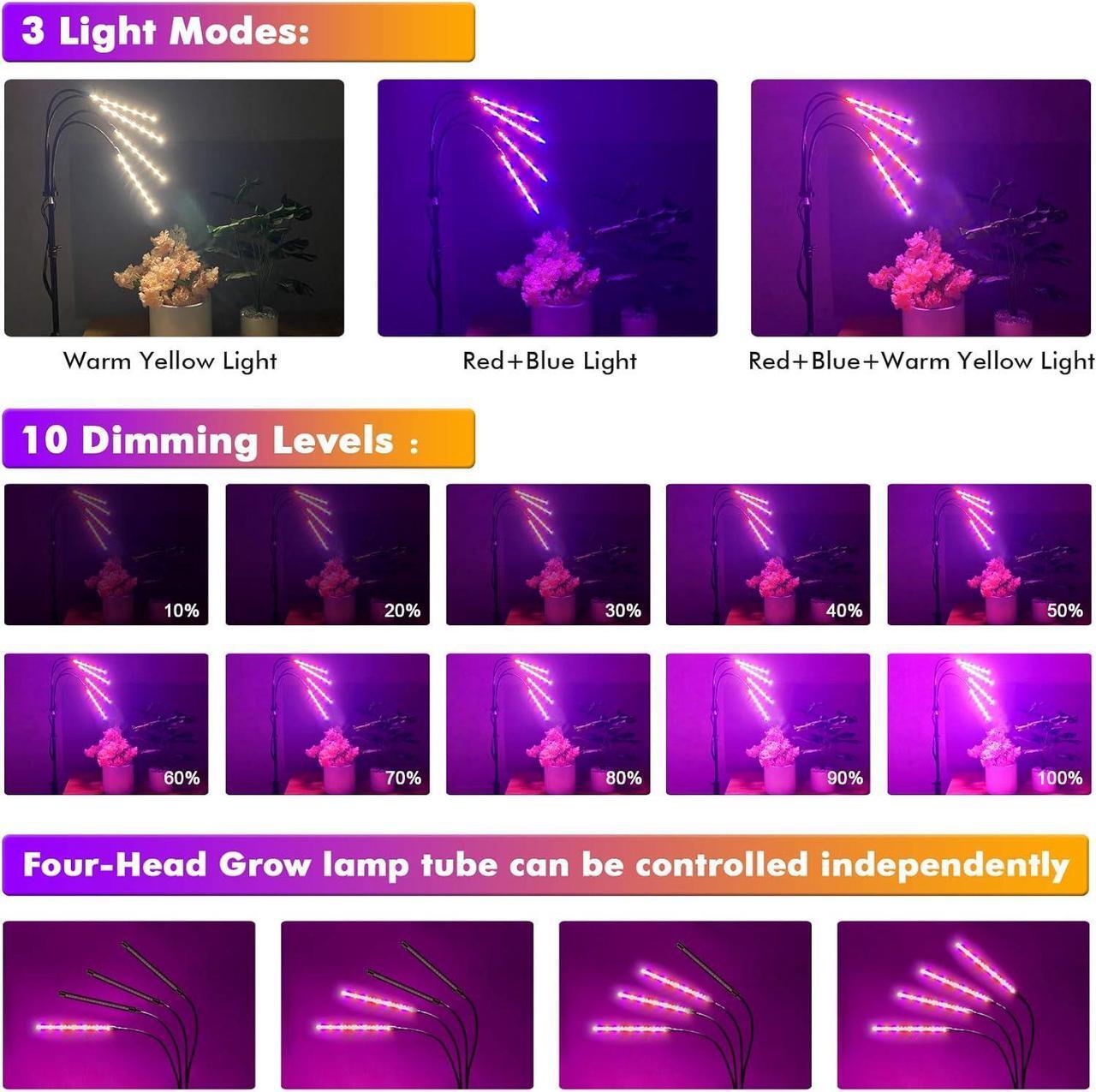 Alt view image 2 of 7 - Plant Grow Light with Adjustable Tripod Stand (14"-63"), 4 Head Floor LED Grow Lamp for Indoor Plants with Dual Controllers,100W Full Spectrum Plant Lights with Timer, 10 Brightness