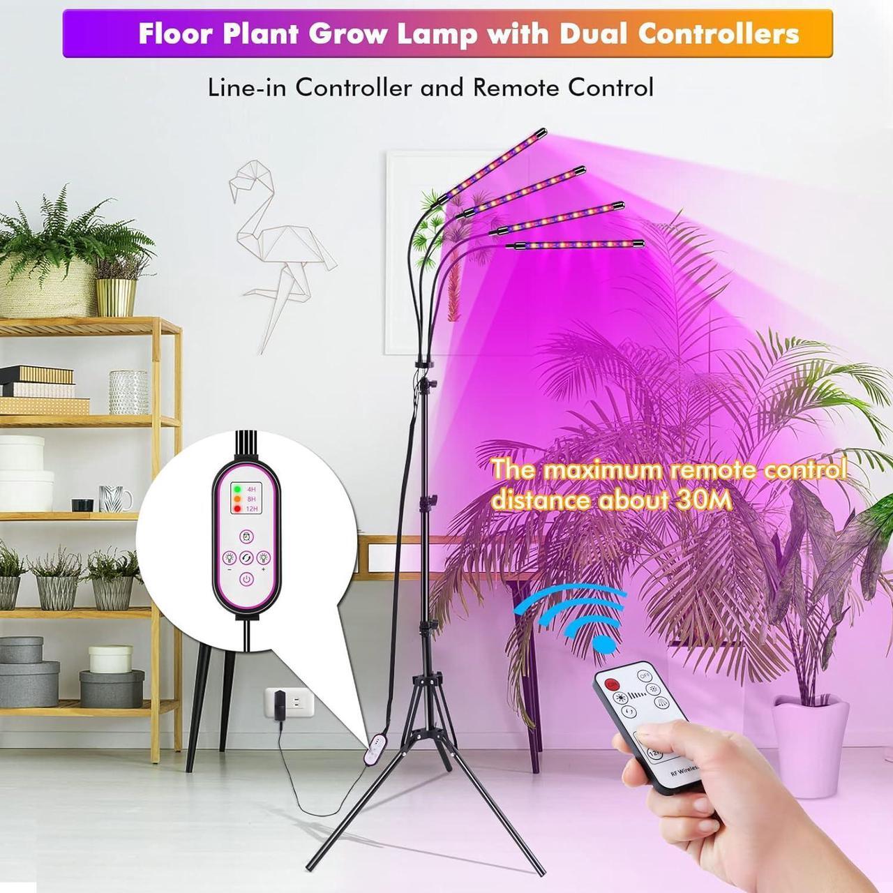 Alt view image 4 of 7 - Plant Grow Light with Adjustable Tripod Stand (14"-63"), 4 Head Floor LED Grow Lamp for Indoor Plants with Dual Controllers,100W Full Spectrum Plant Lights with Timer, 10 Brightness