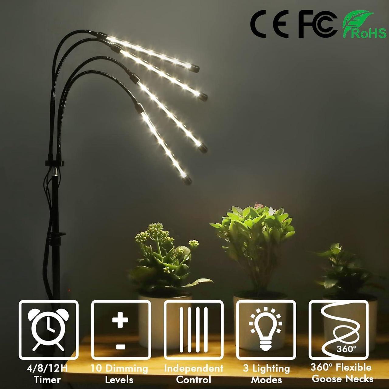 Alt view image 6 of 7 - Plant Grow Light with Adjustable Tripod Stand (14"-63"), 4 Head Floor LED Grow Lamp for Indoor Plants with Dual Controllers,100W Full Spectrum Plant Lights with Timer, 10 Brightness