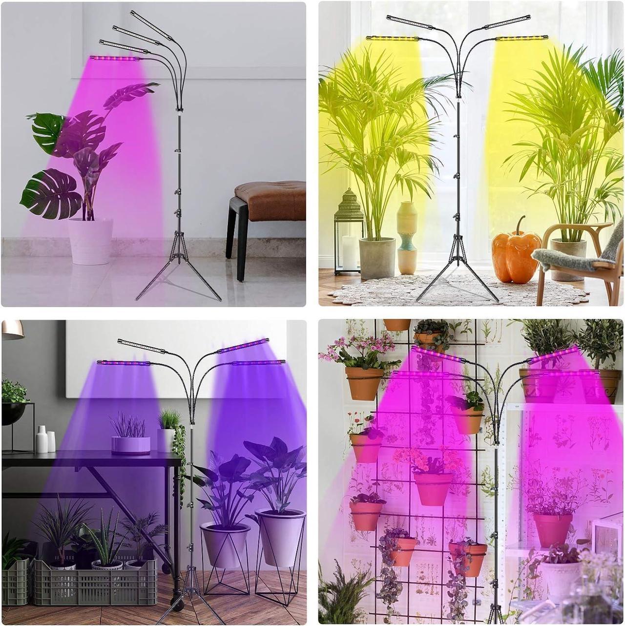 Alt view image 7 of 7 - Plant Grow Light with Adjustable Tripod Stand (14"-63"), 4 Head Floor LED Grow Lamp for Indoor Plants with Dual Controllers,100W Full Spectrum Plant Lights with Timer, 10 Brightness
