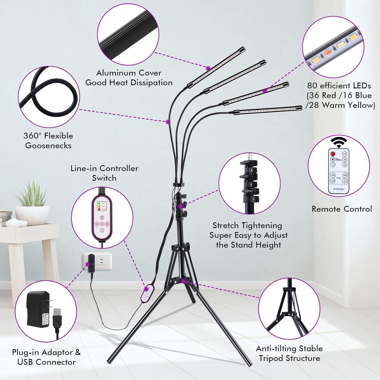 Alt view image 5 of 7 - Plant Grow Light with Adjustable Tripod Stand (14"-63"), 4 Head Floor LED Grow Lamp for Indoor Plants with Dual Controllers,100W Full Spectrum Plant Lights with Timer, 10 Brightness
