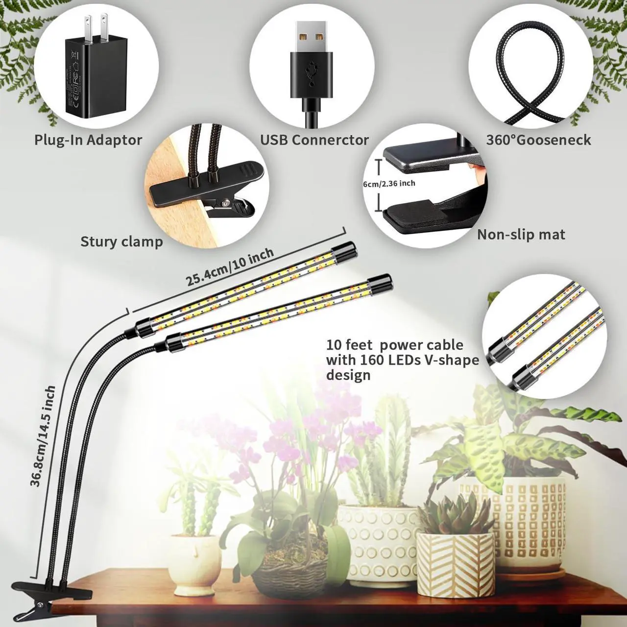 Alt view image 5 of 7 - 4 Heads Full Spectrum Plant Grow Lights with Clips and 10 Feet Cables,10 Dimmable Levels and 3/9/12H Timer for Seed Starting(Pack of 2)