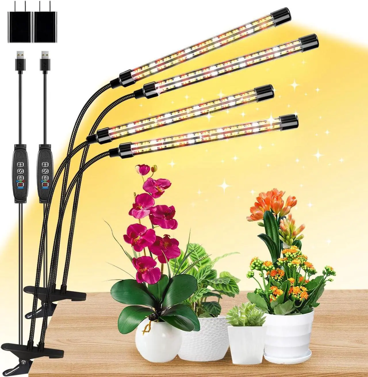 Main image of 4 Heads Full Spectrum Plant Grow Lights with Clips and 10 Feet Cables,10 Dimmable Levels and 3/9/12H Timer for Seed Starting(Pack of 2)
