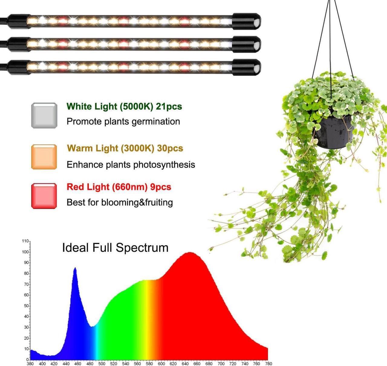 Alt view image 2 of 7 - 3-Head Full Spectrum LED Grow Light, 3 Modes, 10 Dimming Levels, Auto On/Off, 360 Gooseneck, Suitable for Indoor Plants