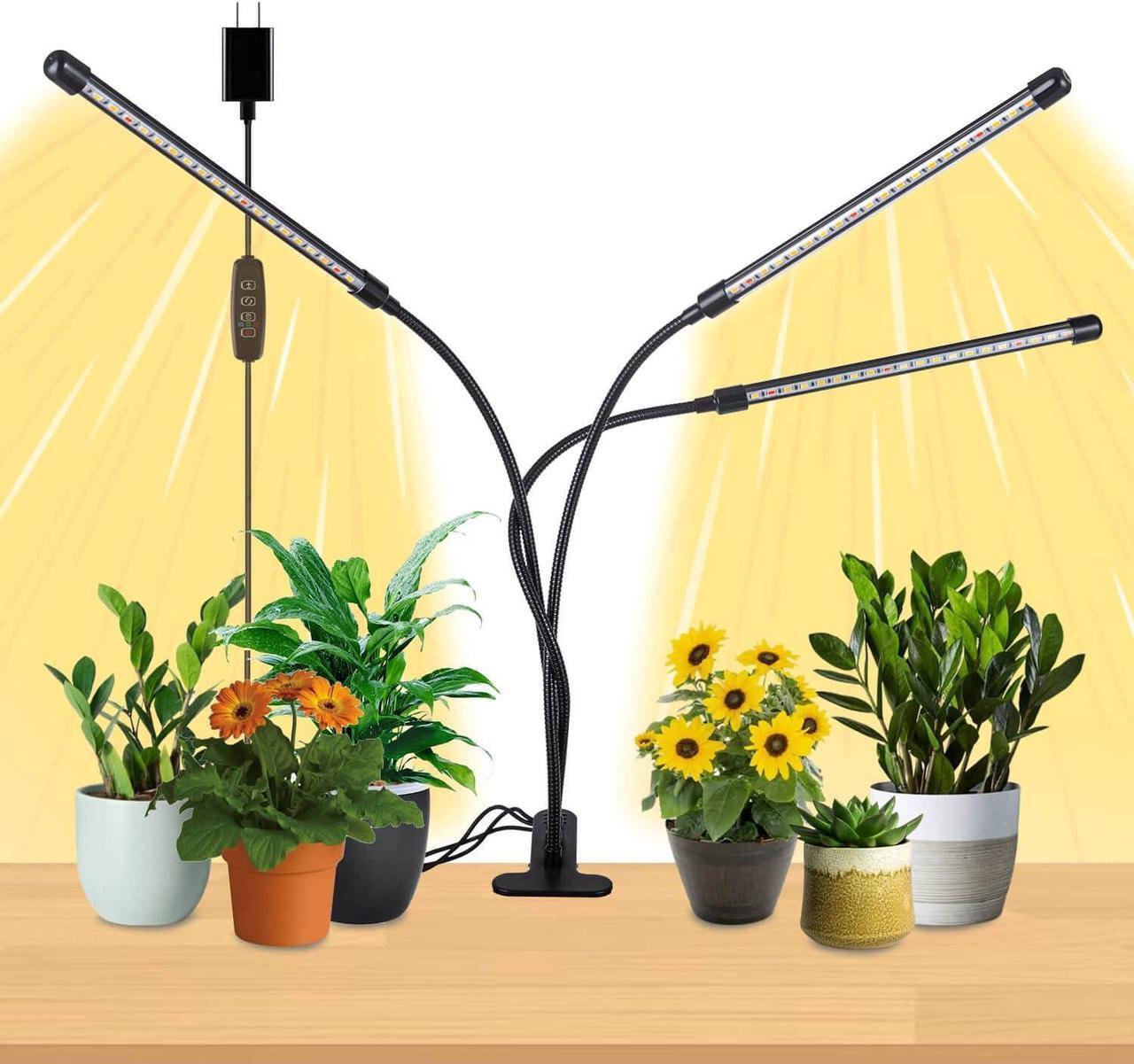 Main image of 3-Head Full Spectrum LED Grow Light, 3 Modes, 10 Dimming Levels, Auto On/Off, 360 Gooseneck, Suitable for Indoor Plants
