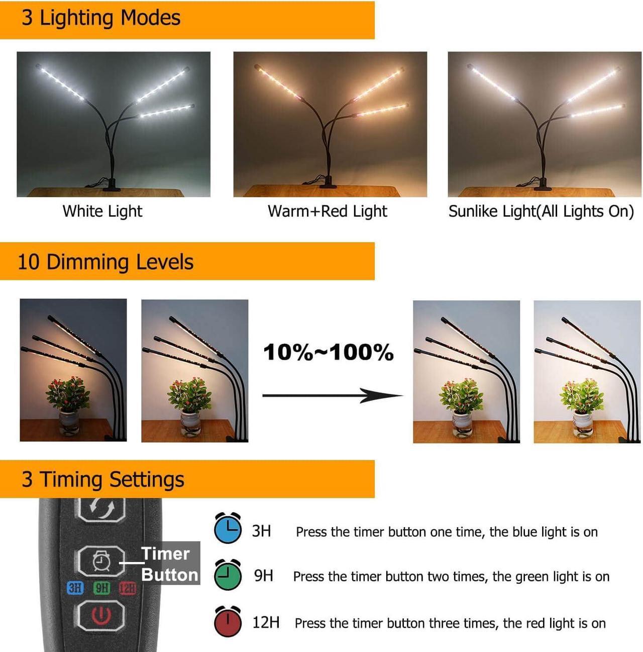 Alt view image 4 of 7 - 3-Head Full Spectrum LED Grow Light, 3 Modes, 10 Dimming Levels, Auto On/Off, 360 Gooseneck, Suitable for Indoor Plants
