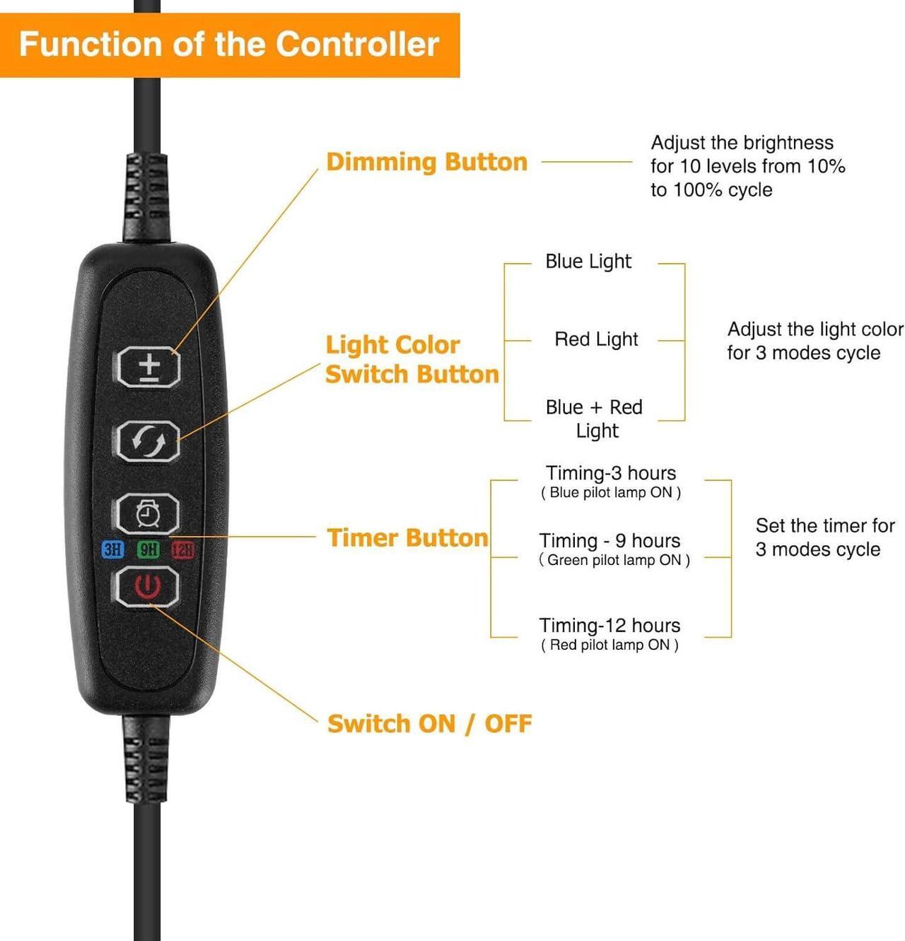 Alt view image 6 of 7 - 3-Head Full Spectrum LED Grow Light, 3 Modes, 10 Dimming Levels, Auto On/Off, 360 Gooseneck, Suitable for Indoor Plants
